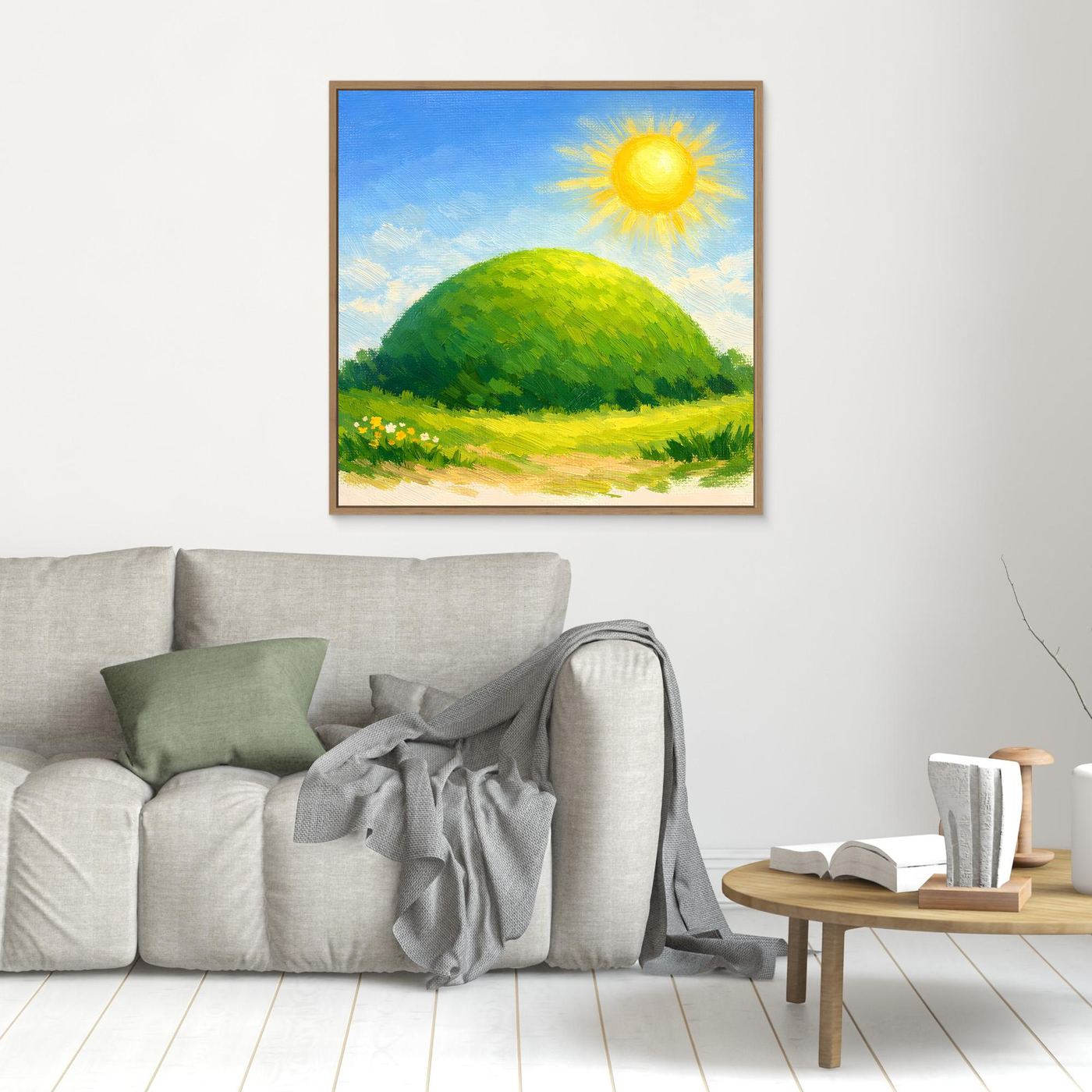 Kleines Leinwandbild mit grünem Hügel und gelber Sonne, im braunen Holzrahmen
