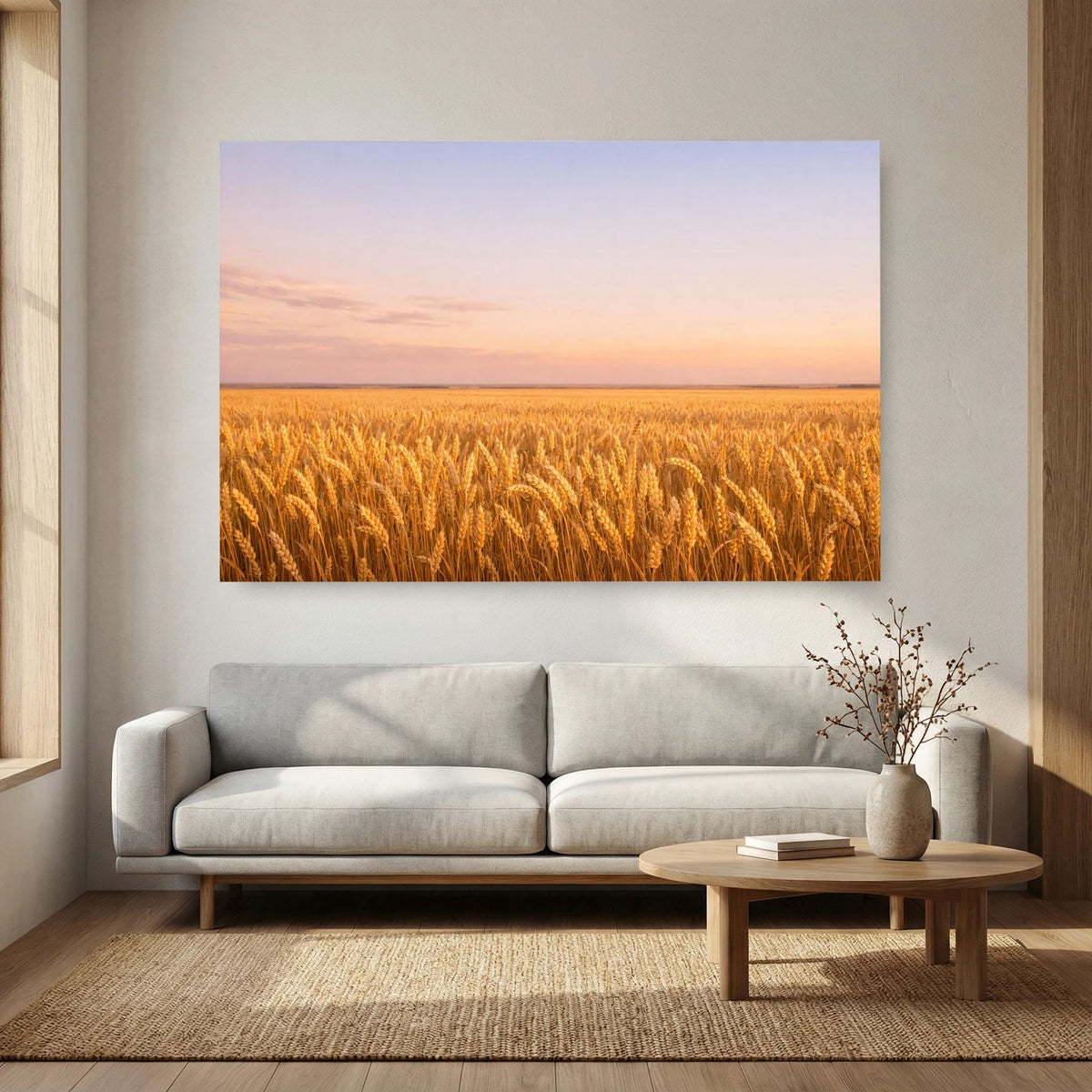 Rechteckiges Wandbild-Poster mit goldenem Weizenfeld bei Sonnenuntergang, Querformat.