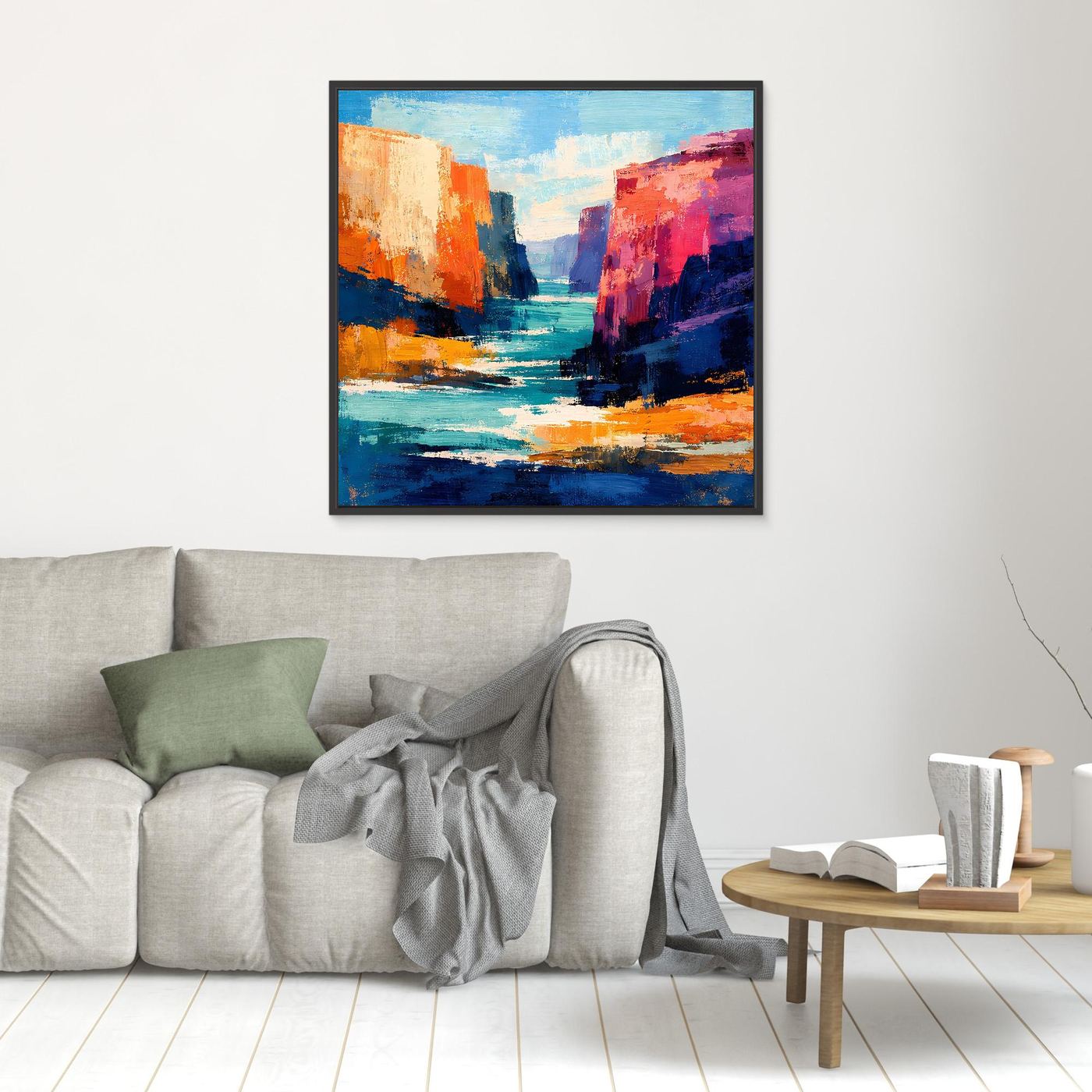 Gerahmtes abstraktes Wandbild mit Canyon-Felsen am Fluss, Blau und Orange, schwarzer Rahmen