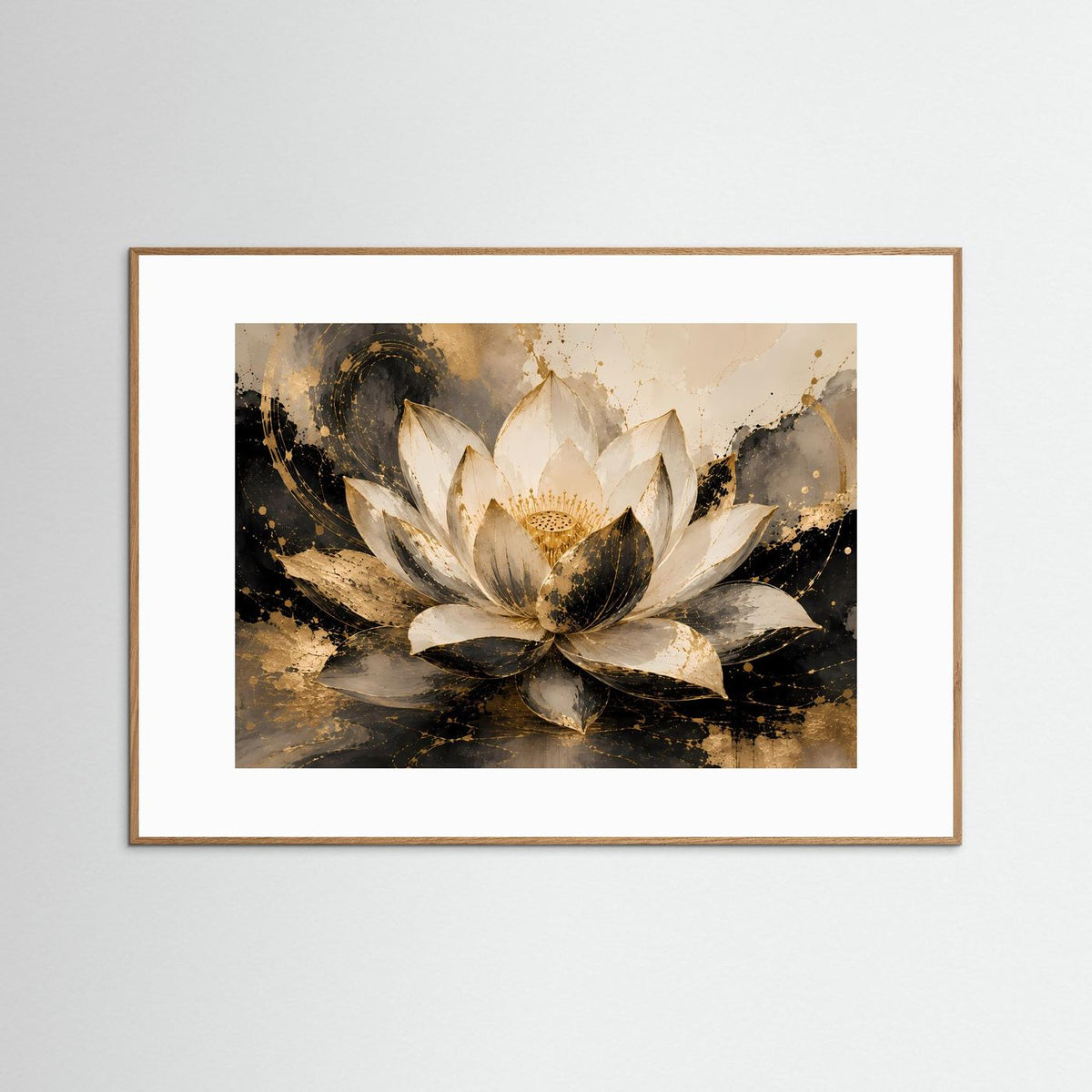 Gerahmtes Lotusblüten-Poster im Querformat mit hellem Lotus in Creme und goldenen Akzenten.