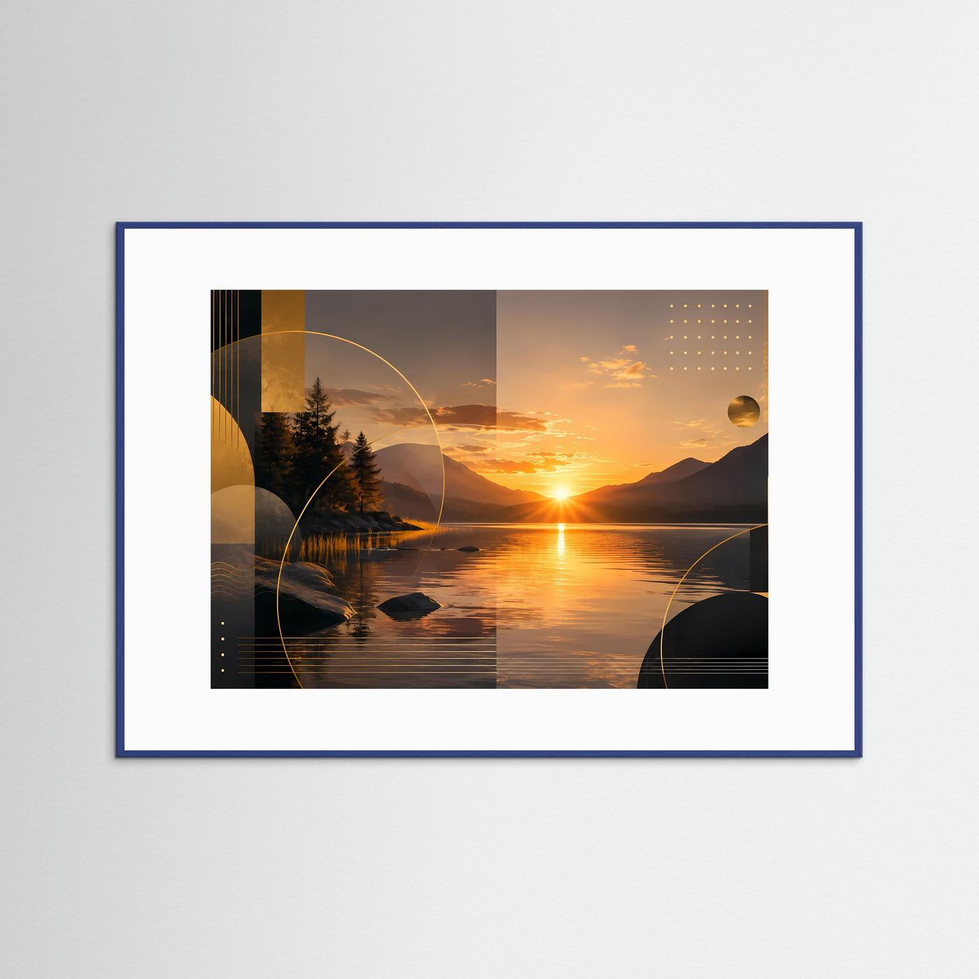 Querformat-Poster mit Bergsee-Landschaft und Sonnenuntergang, blauer Rahmen, weißer Rand