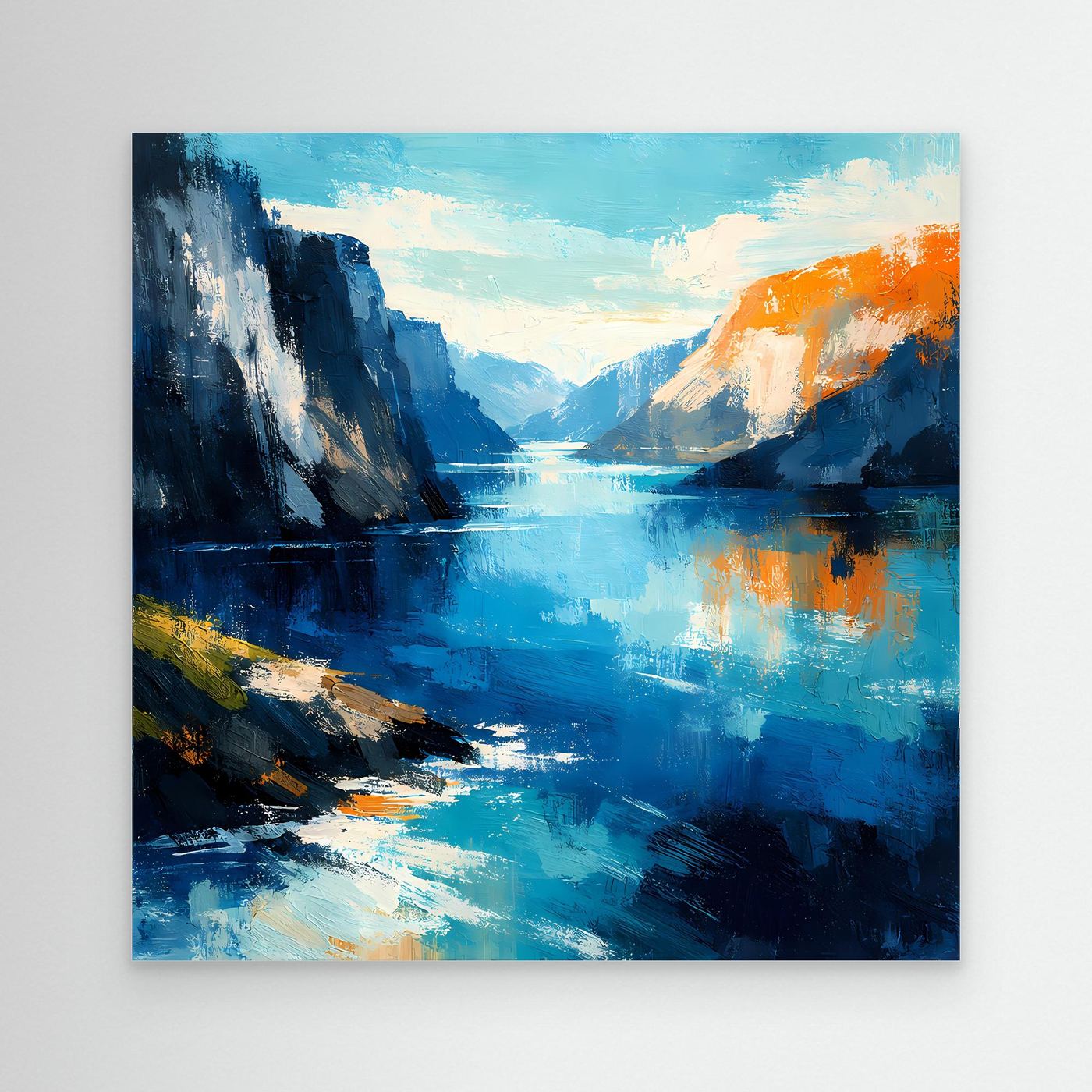 Leinwand Abstraktes Fjord Gemälde | Modernes Norwegisches Wandbild Blau Orange