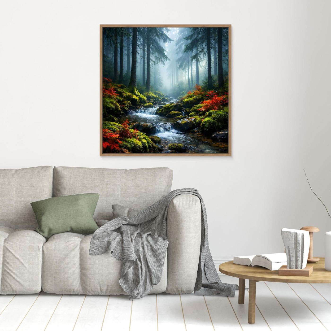 Wandbild: Waldbach im Nebel mit roten Sträuchern, Moosfelsen und braunem Rahmen
