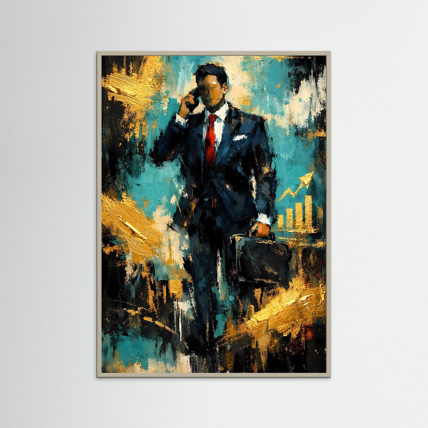 Gerahmtes Kunstposter im Hochformat: abstrakter Geschäftsmann im Anzug mit Aktentasche, Türkis und Gold