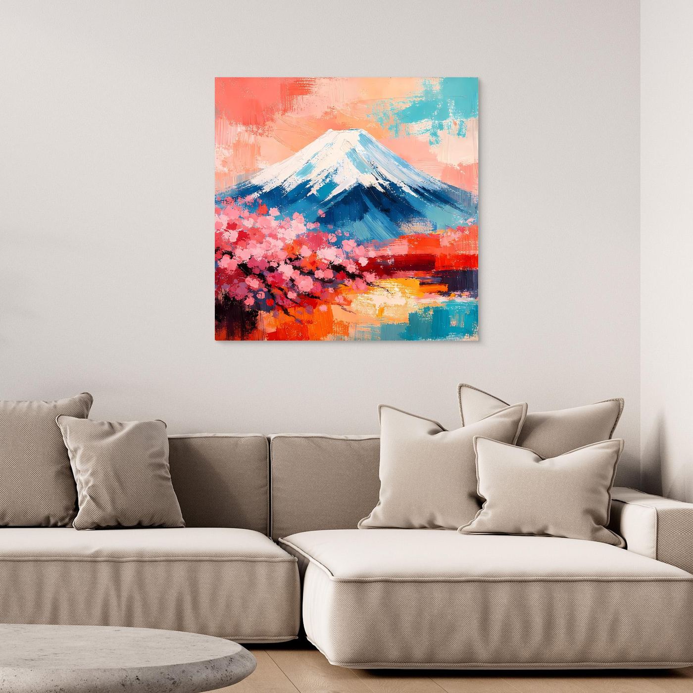 Abstraktes Leinwand-Wandbild: blauer Fuji, rosa Kirschblüten und orange-türkiser Farbverlauf.