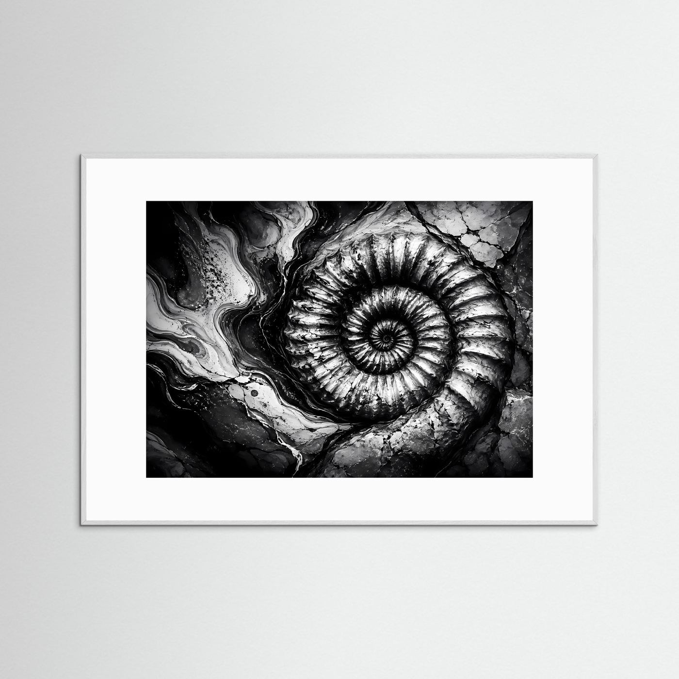 Ammonit Fossil Schwarz Weiß Poster | Geologische Wandkunst | Makro Fossilien Kunst | Monochrome Natur Fotokunst | Moderne Leinwand