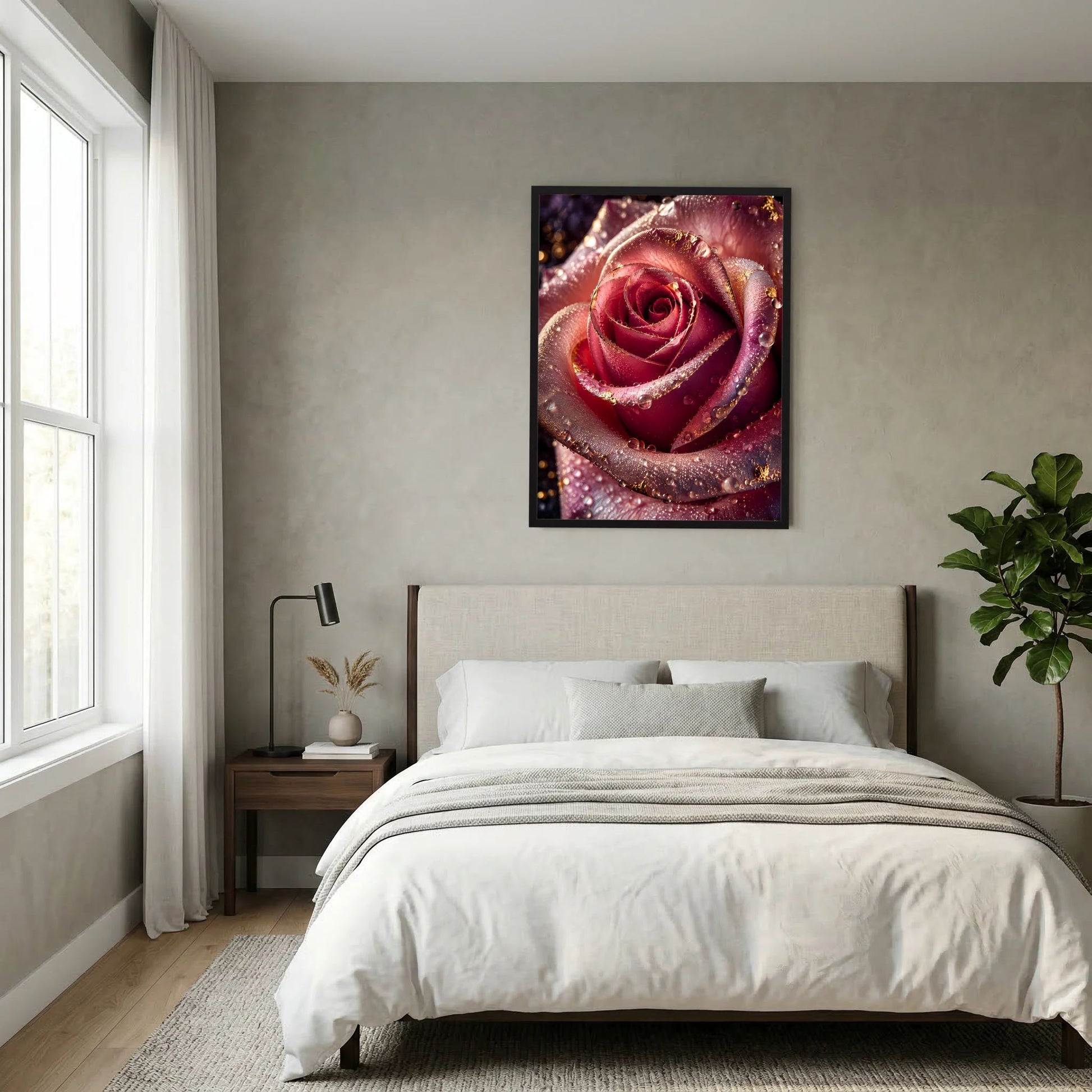 Gerahmtes Poster im Hochformat: rosarote Rose mit gold schimmernden Highlights und Wassertropfen.