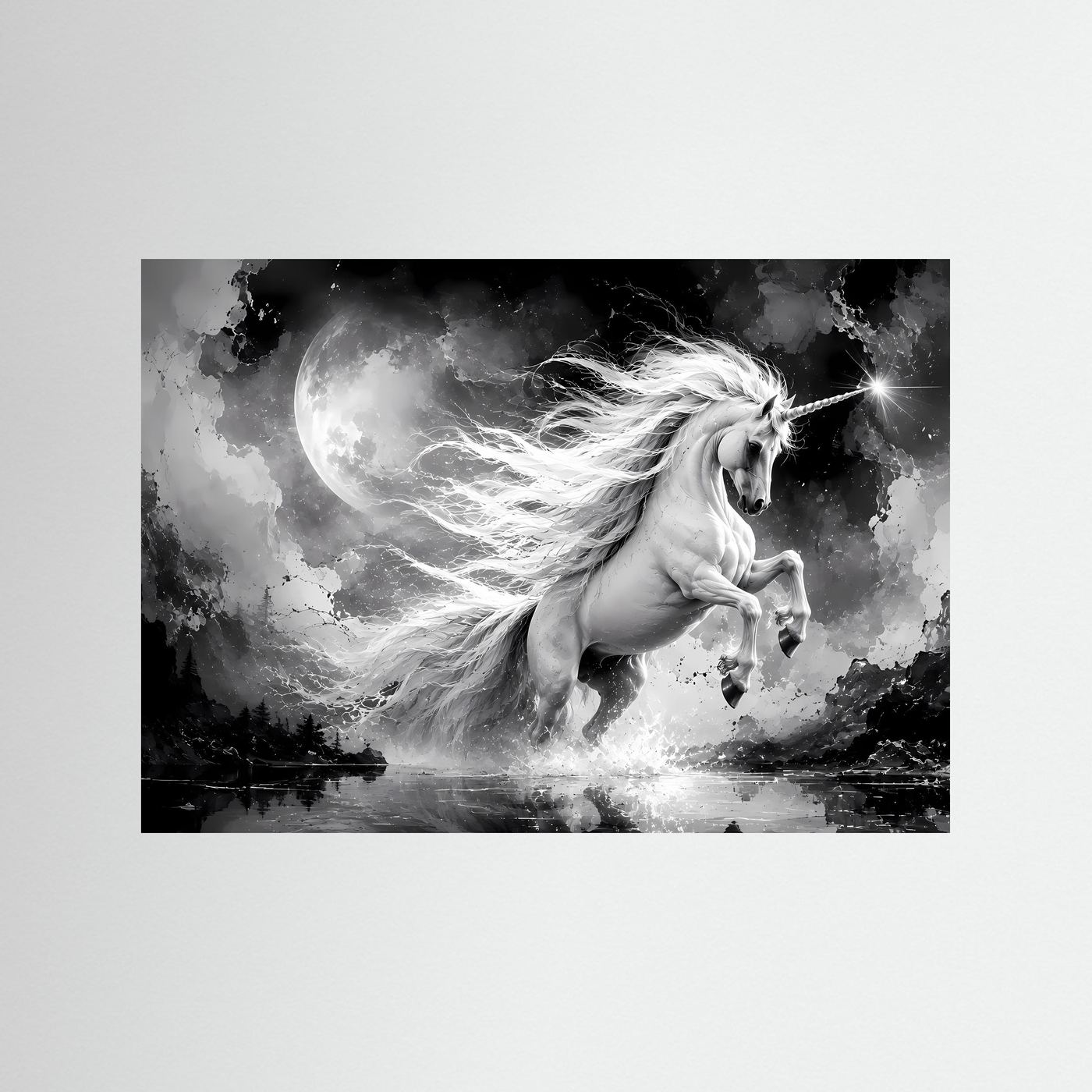 Wandkunst Einhorn im Mondlicht, schwarzweiße Fantasy-Darstellung mit Mähne und sternförmigem Licht