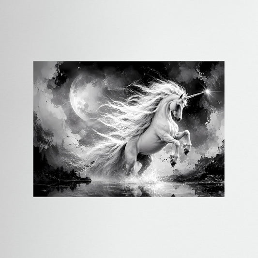 Wandkunst Einhorn im Mondlicht, schwarzweiße Fantasy-Darstellung mit Mähne und sternförmigem Licht