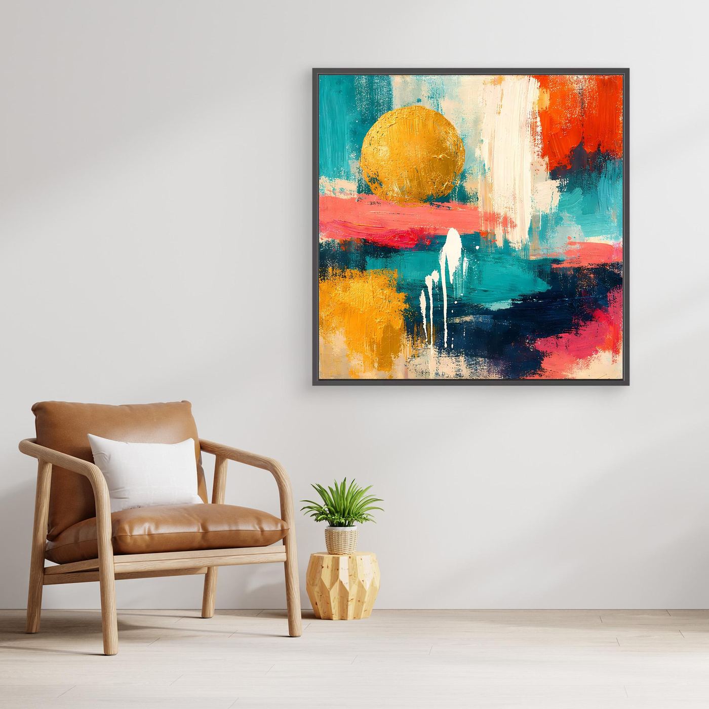 Abstraktes Wandbild: goldene Sonne, türkis, orange und pink, Holzrahmen