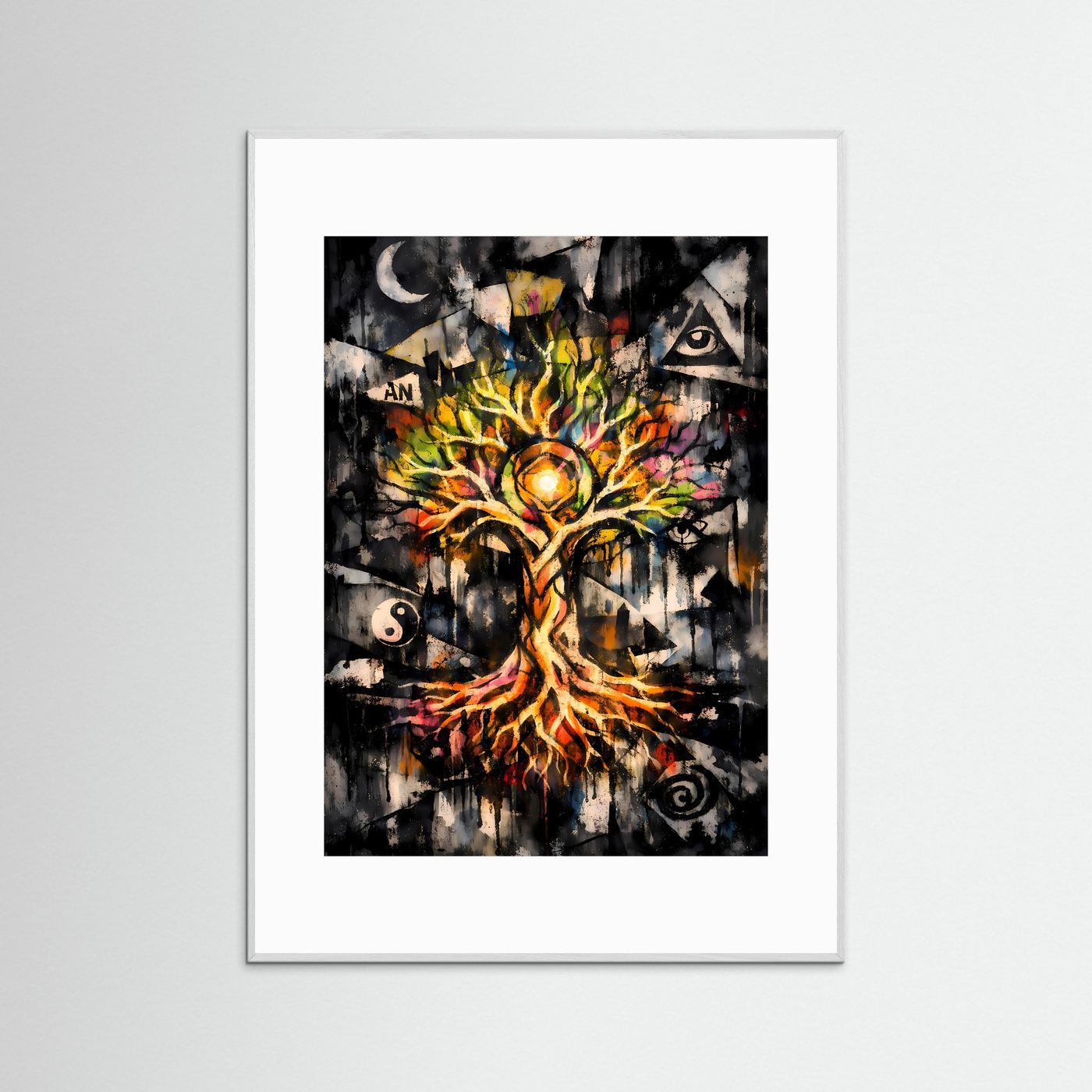 Die Harmonie des Kosmos | Mystisches Lebensbaum Poster mit spirituellen Symbolen | Abstraktes Kunstposter Hochformat