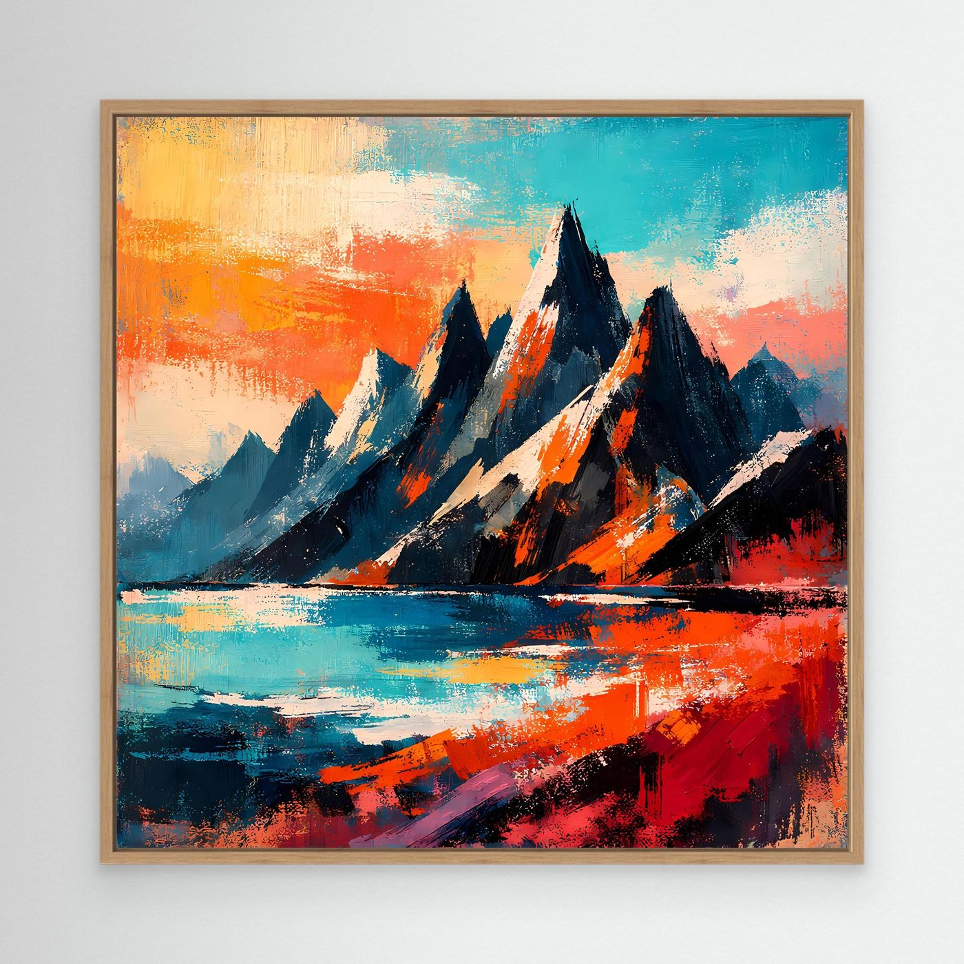 Abstraktes Leinwand-Wandbild mit Bergen und Wasserfall, Holzrahmen
