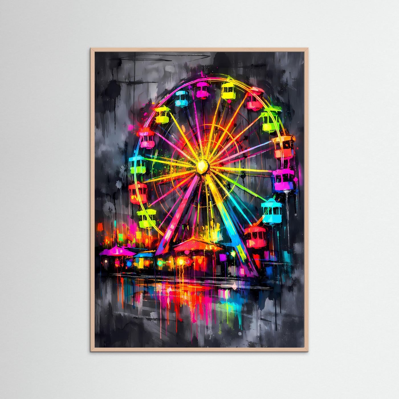 The Neon Ferris Wheel | Luxuriöses Riesenrad Poster Bunt & Dunkel | Abstraktes Jahrmarkt Kunstposter Hochformat