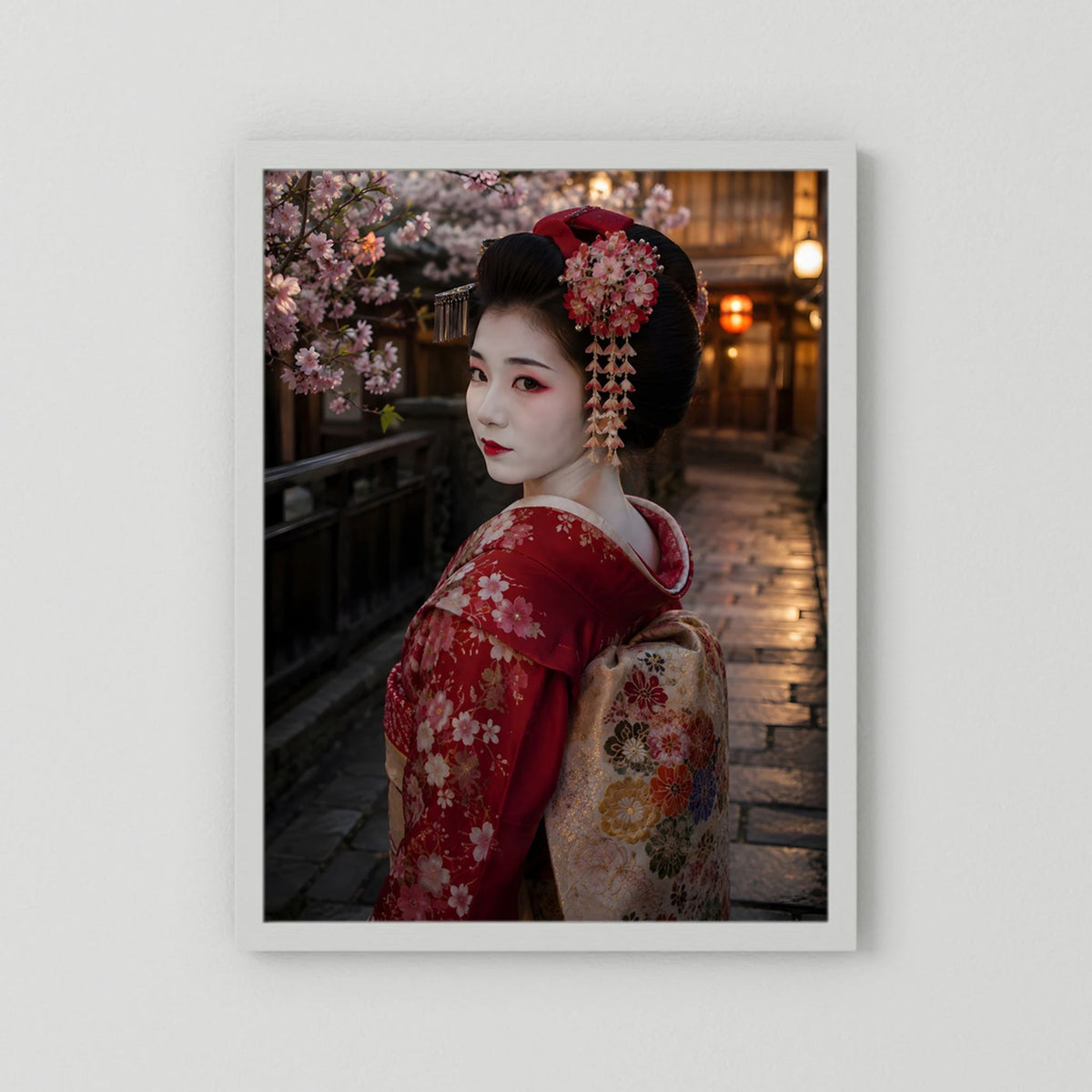 Poster mit Geisha im rotem Kimono und Kirschblüten, weißer Rahmen
