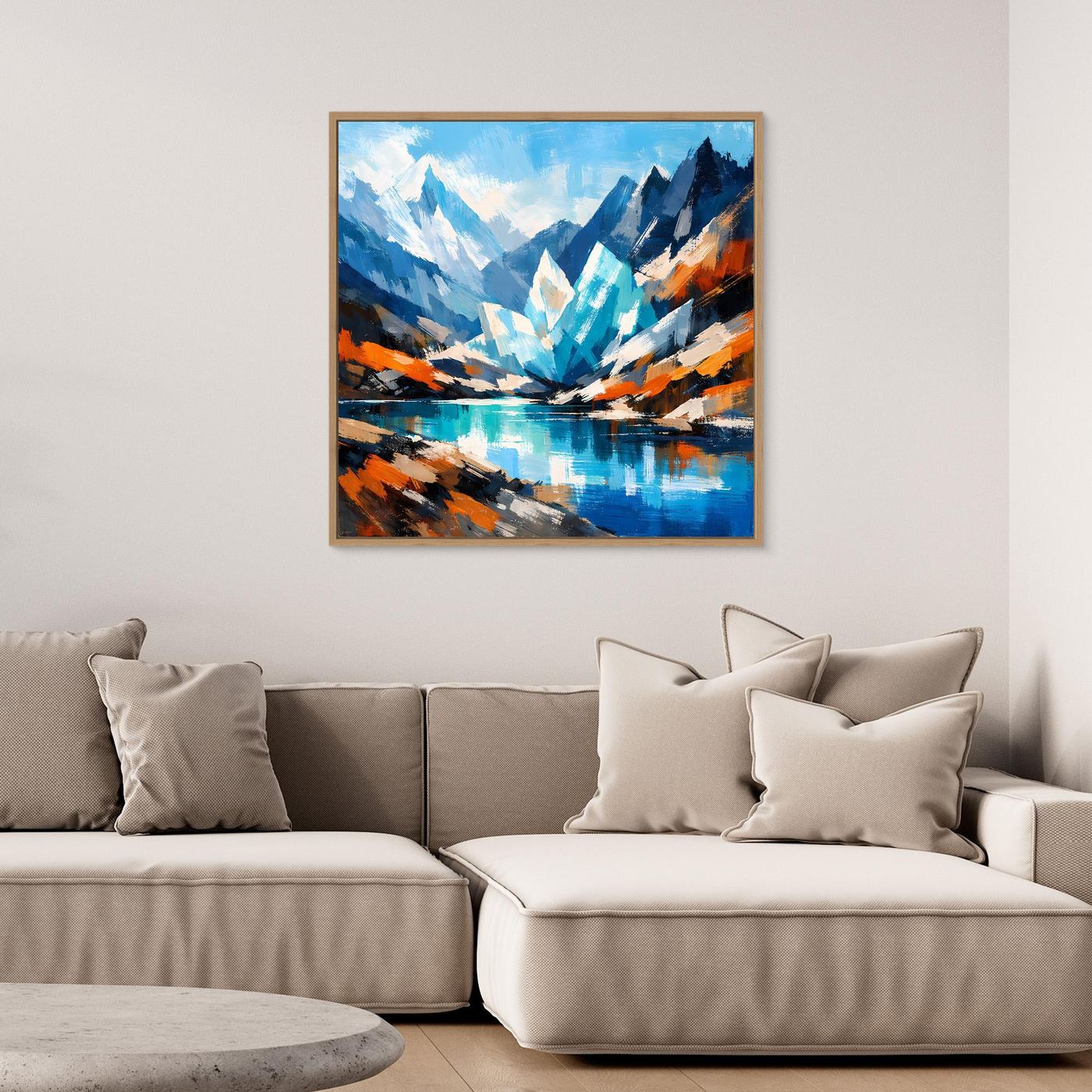 Gerahmtes Leinwand-Wandbild mit abstrakter Berglandschaft und Gletschersee, blau und orange