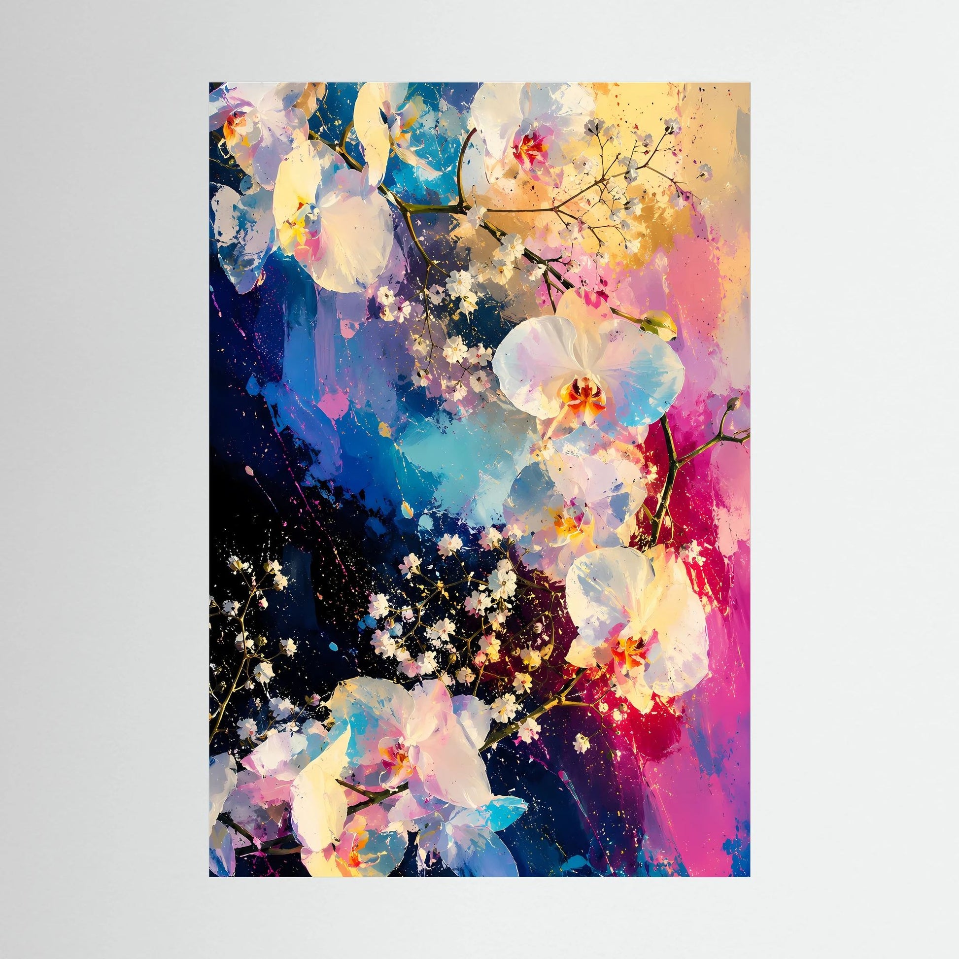 Abstraktes Orchideen-Poster ohne Rahmen, florales Blütenmotiv in Rosa und Blau