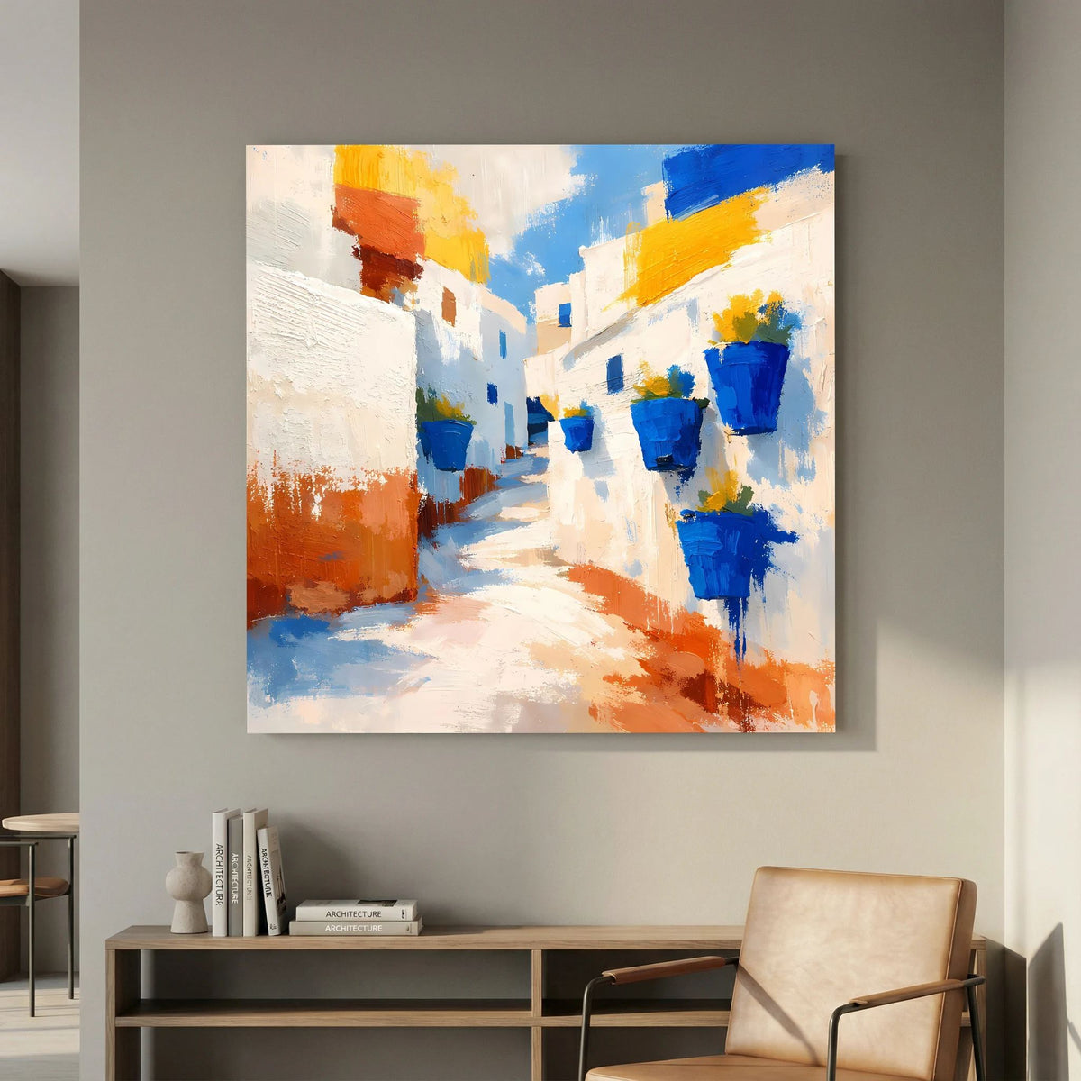 Abstraktes Leinwand-Wandbild: Gasse mit mehreren blauen Blumentöpfen und warmen Orange-Tönen