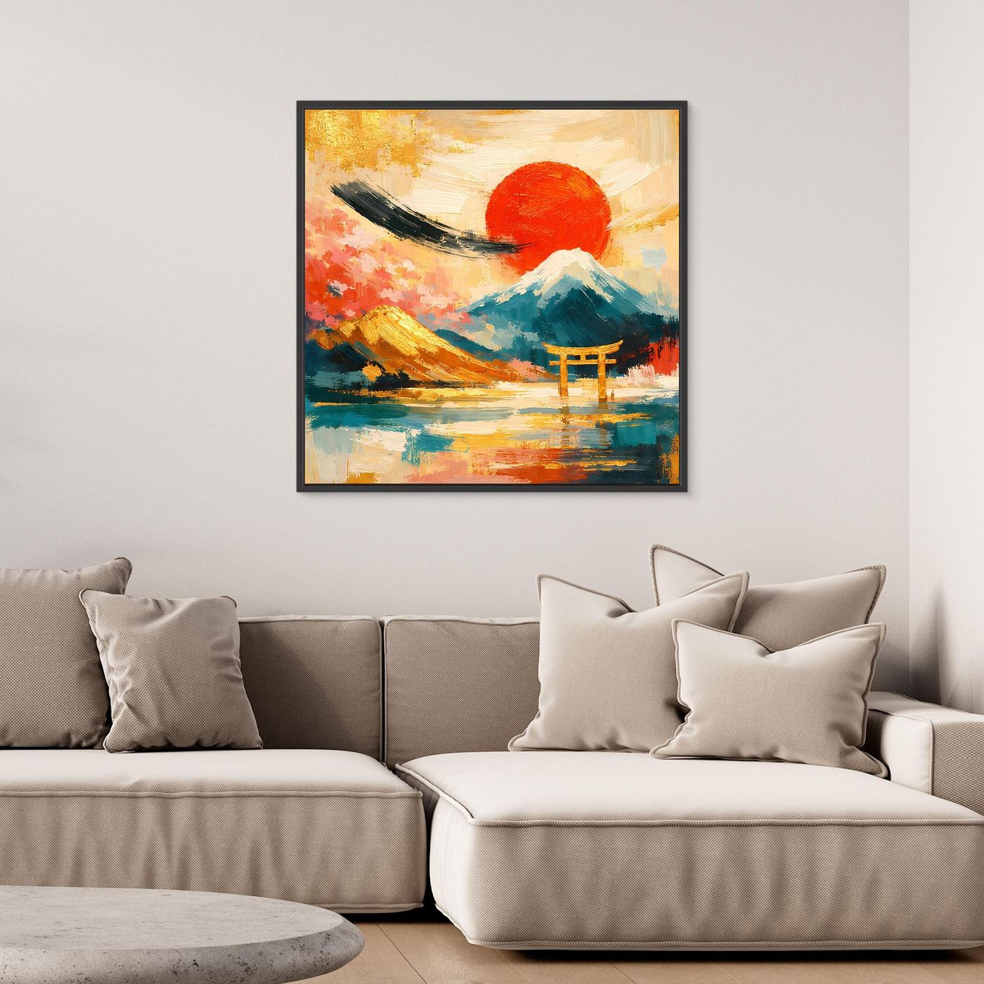 Leinwandbild mit Torii-Tor, roter Sonne und Berglandschaft, schwarzer Rahmen