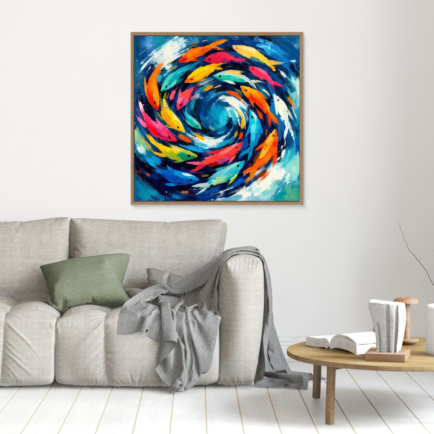 Leinwand Dynamischer Fischschwarm im Strudel | Abstraktes Ozean & Meer Wandbild