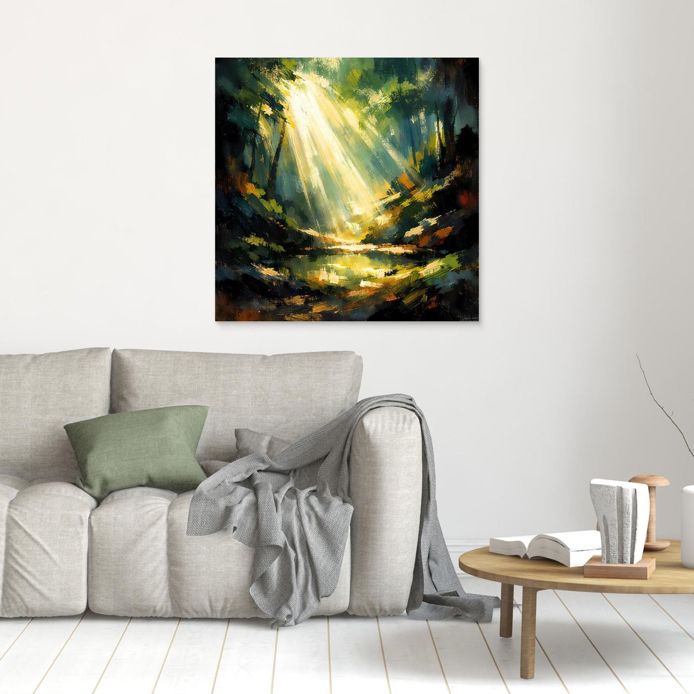Kleines Leinwand-Wandbild mit goldenen Lichtstrahlen im Wald, schwarz gerahmt