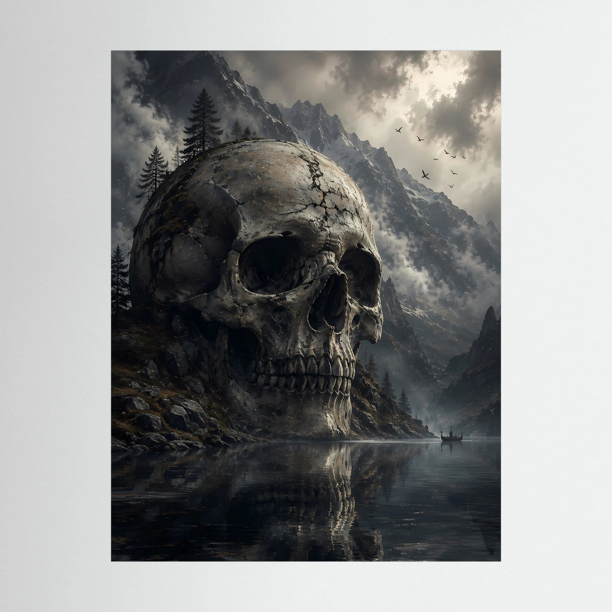 Nahansicht-Poster mit monumentalem Totenkopf über Bergsee, Berge, Wolken und Reflexion.