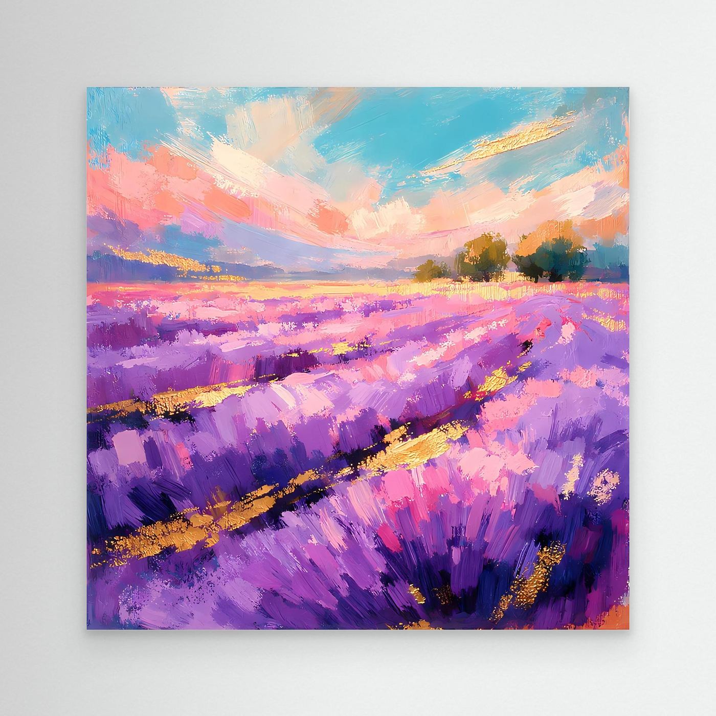 Abstraktes Leinwandbild mit violettem Lavendelfeld und pastellfarbenem Himmel
