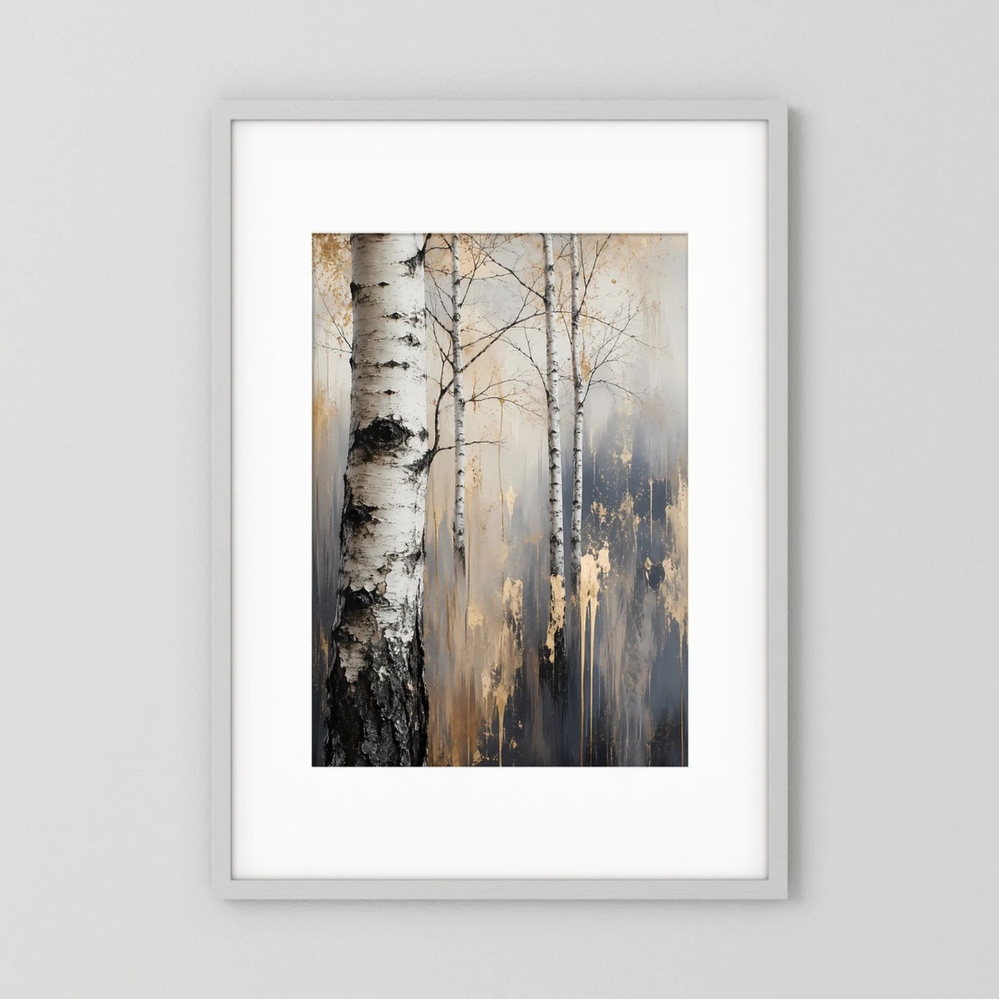 Hochformatposter Birkenwald abstrakt, Gold- und Anthrazit-Töne, weiß gerahmt