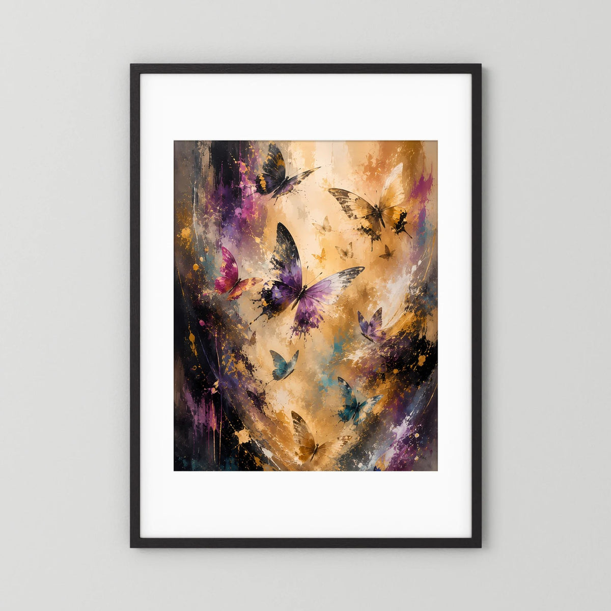 Schmetterlingsposter Hochformat im schwarzen Rahmen mit weißer Einfassung, Gold- und Violettschmetterlinge