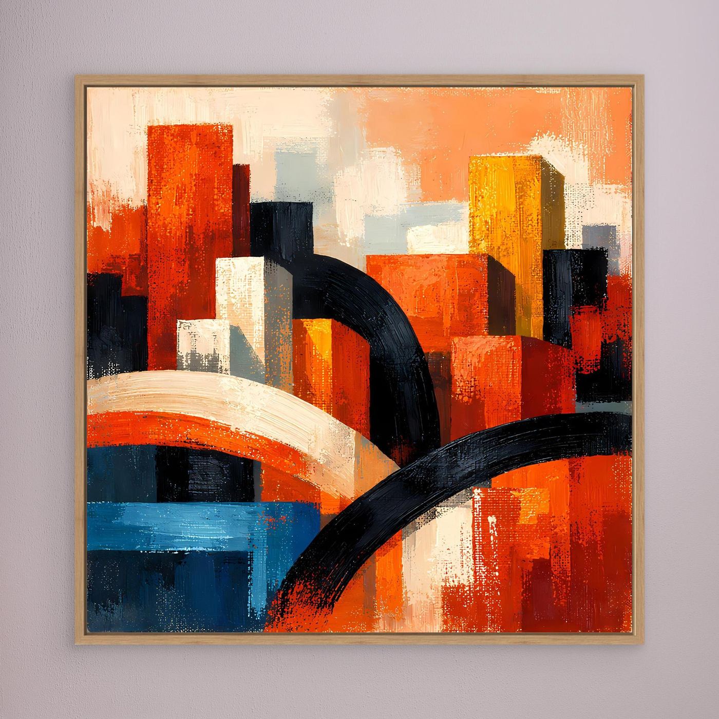 Abstraktes Skyline-Leinwandbild im braunen Rahmen: orange, rot und blau, mit schwarzer Bogenlinie.