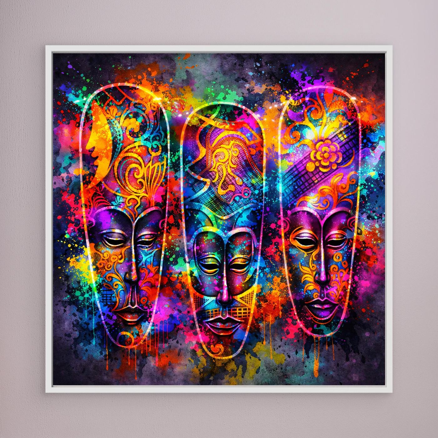 Leinwandbild mit drei farbigen Masken im Neon-Stil, weißer Einfassung