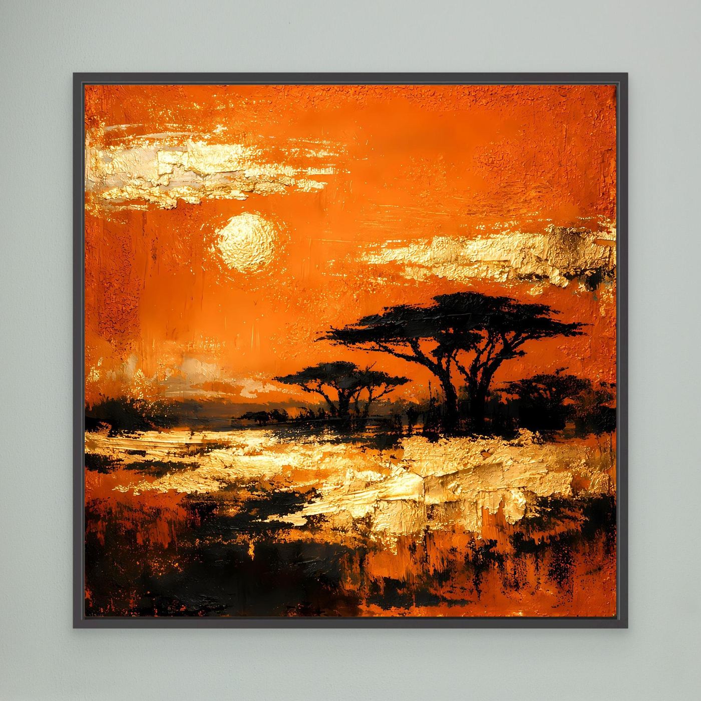 Leinwand Abstraktes Savannen-Panorama | Modernes Afrika Wandbild in Orange und Goldblättern