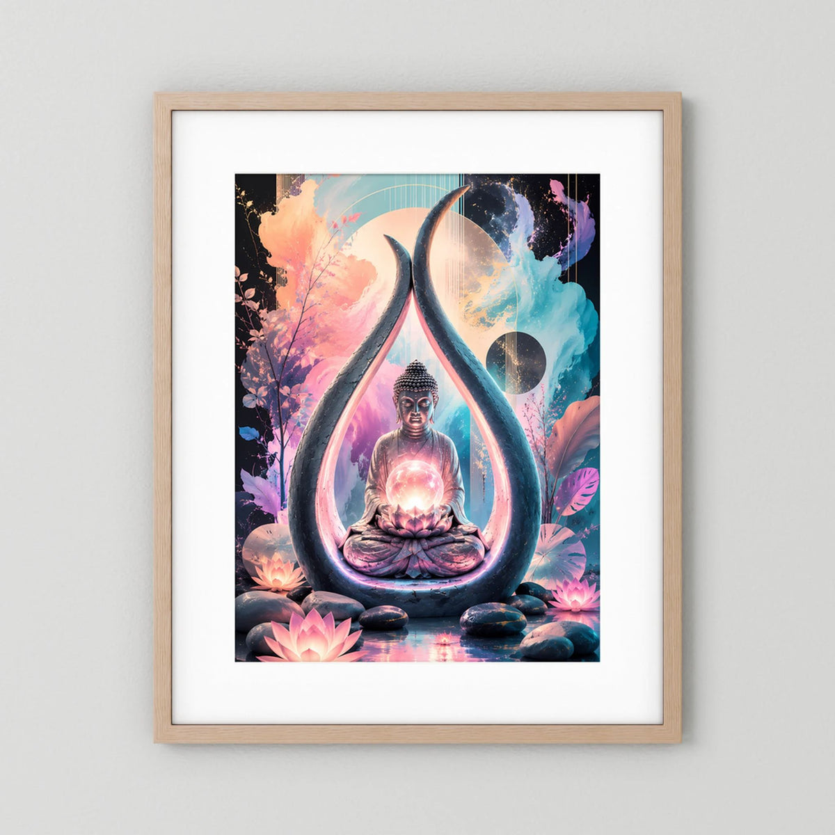 Hochformat-Poster im hellbraunen Holzrahmen mit weißem Rand, Buddha und Lotus