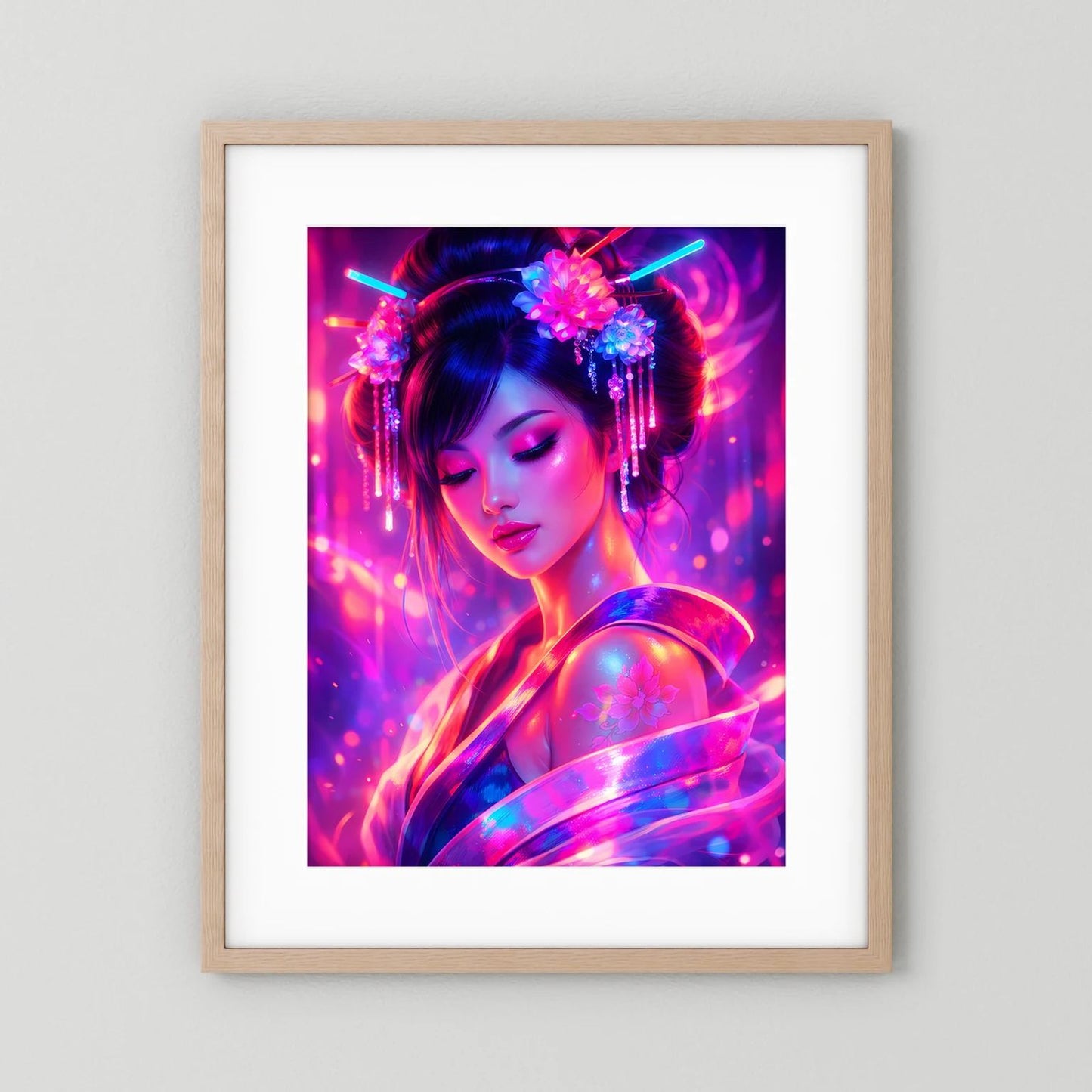 Neon-Poster mit japanischer Frau, hellerer Holzrahmen mit weißem Rand, pink-blau leuchtend