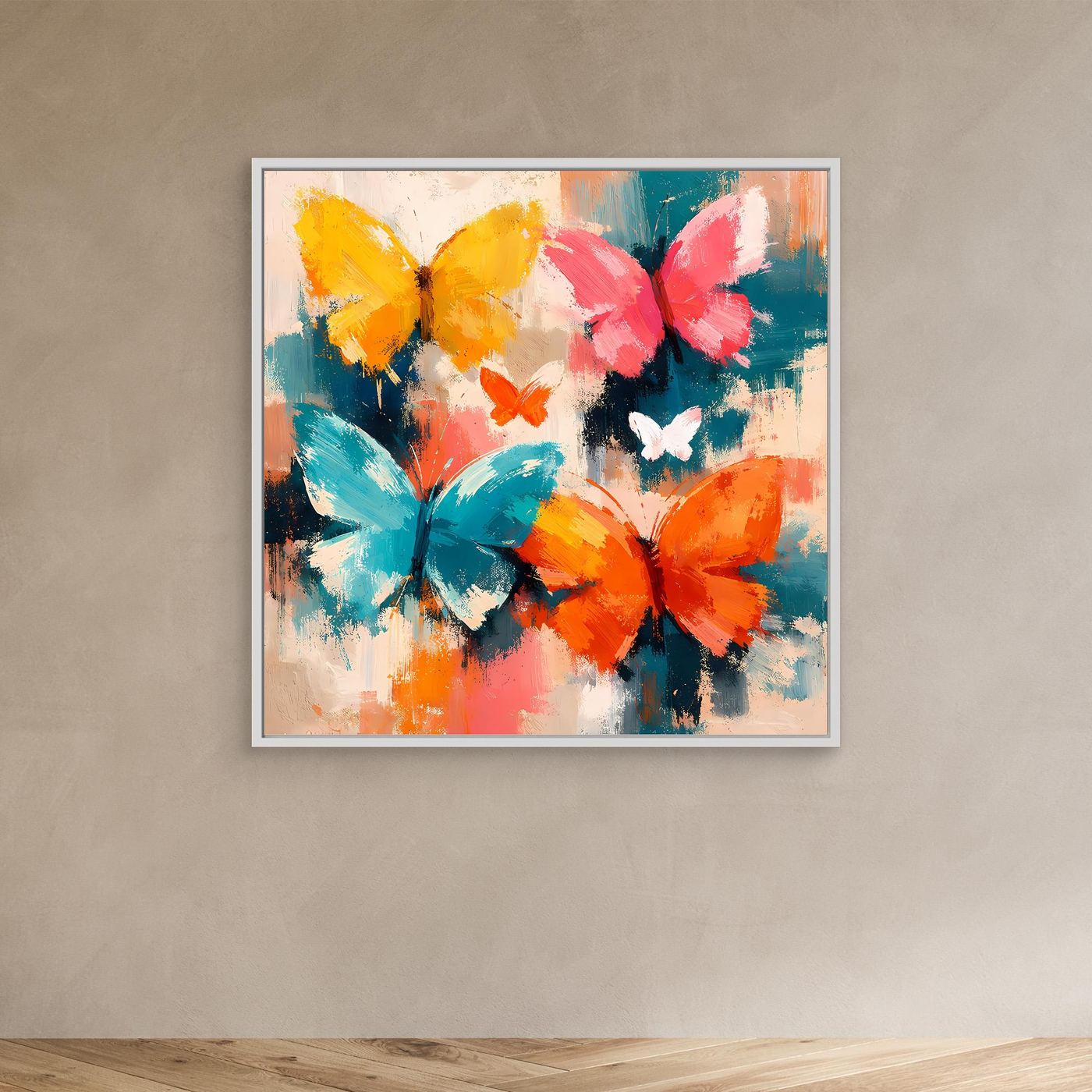 Leinwand Farbenfrohe Schmetterlinge im Flug | Abstraktes Natur & Frühling Wandbild