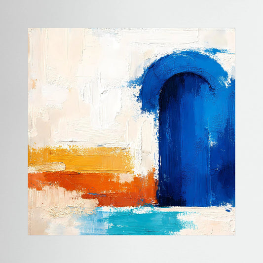 Abstraktes Leinwandbild mit blauem Torbogen, orangefarbener Bahn und hellem Rahmen