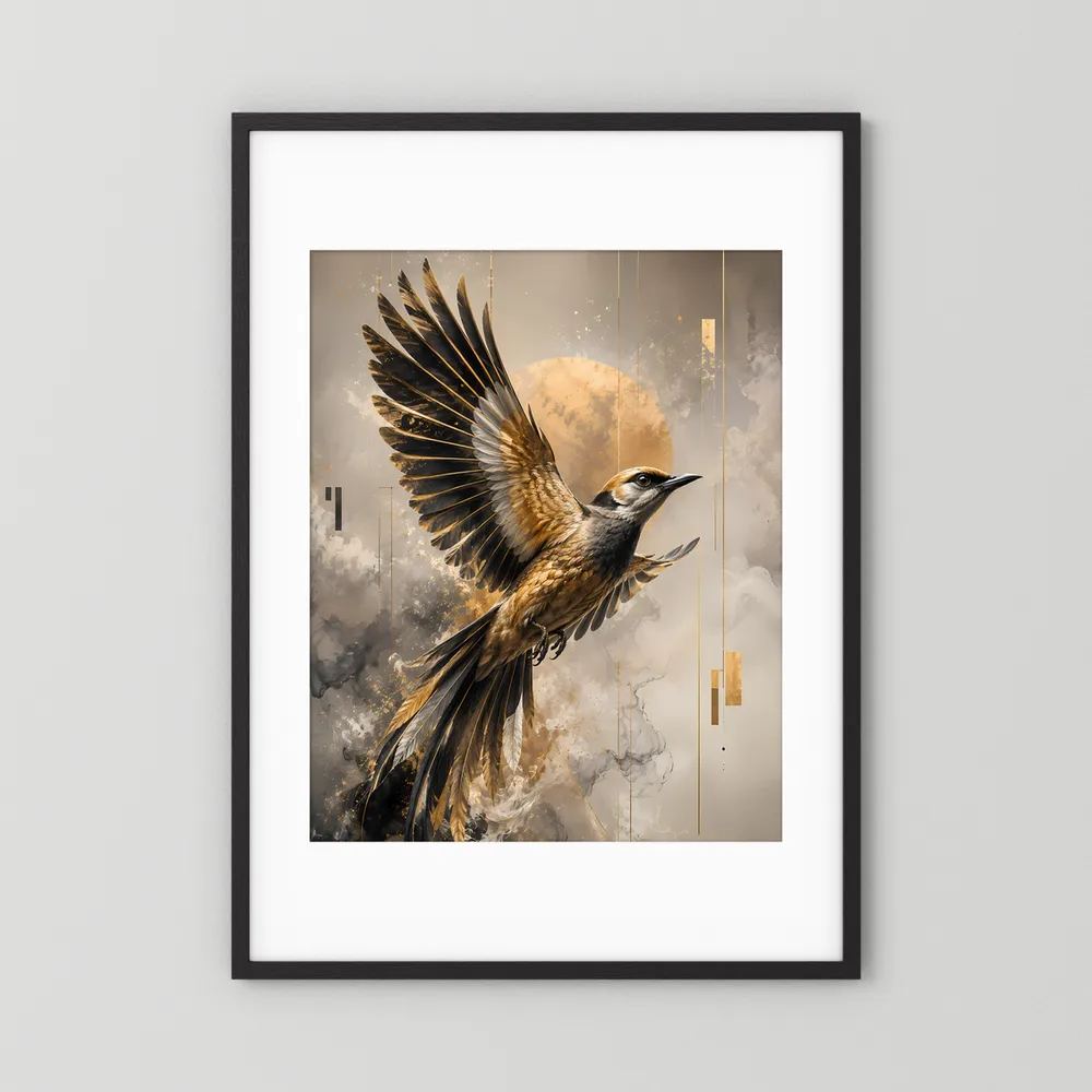 Hochformat-Kunstposter: Paradiesvogel im Flug, Schwarz-Gold, schwarze Einrahmung mit weißem Rand