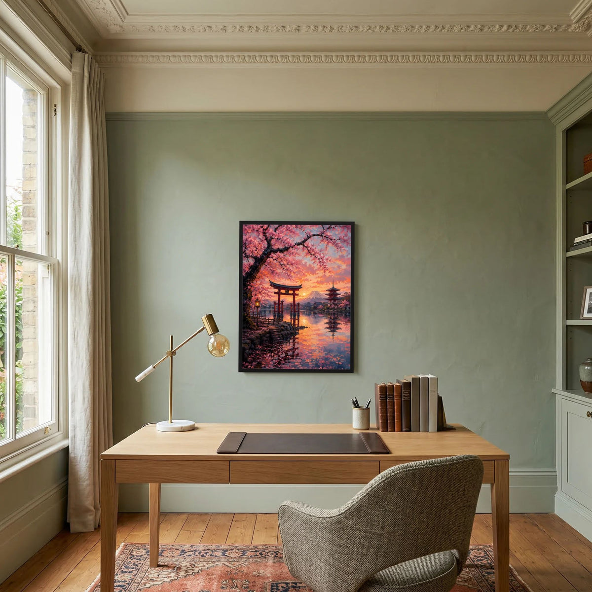 Japanisches Hochformat-Poster mit Torii-Landschaft, Kirschblütenbaum und Fuji im Sonnenuntergang, schwarzer Rahmen.