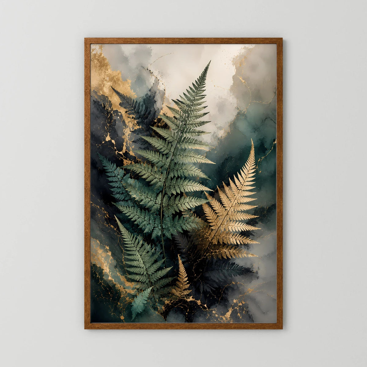 Edle Farnblätter in Grün & Gold | Botanische Kunst auf Marmoroptik | Poster Hochformat