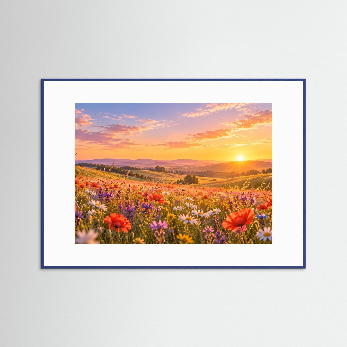 Gerahmtes Landschaftsbild mit Blumenwiese im Sonnenuntergang, blaues Rahmenprofil