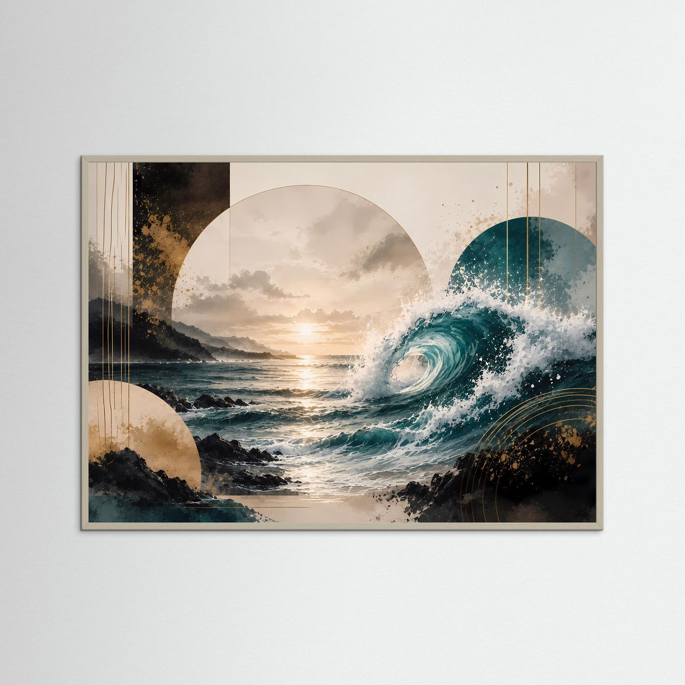 Querformat-Poster mit abstrakter Meereswelle in Petrol, Beige und Gold und grauem Holzrahmen