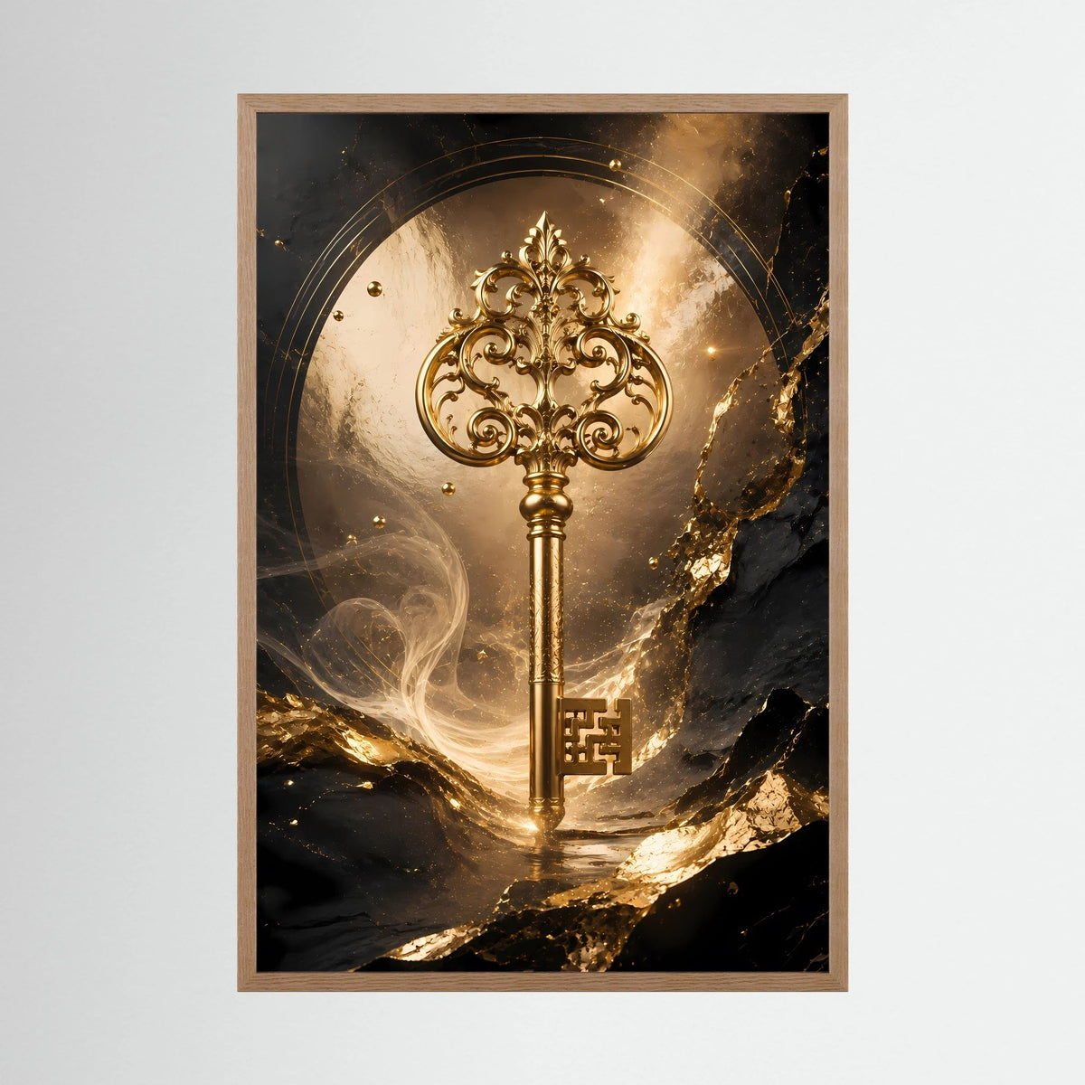 Hochformatiges Kunstposter mit goldenem Schlüssel im hellen Holzrahmen