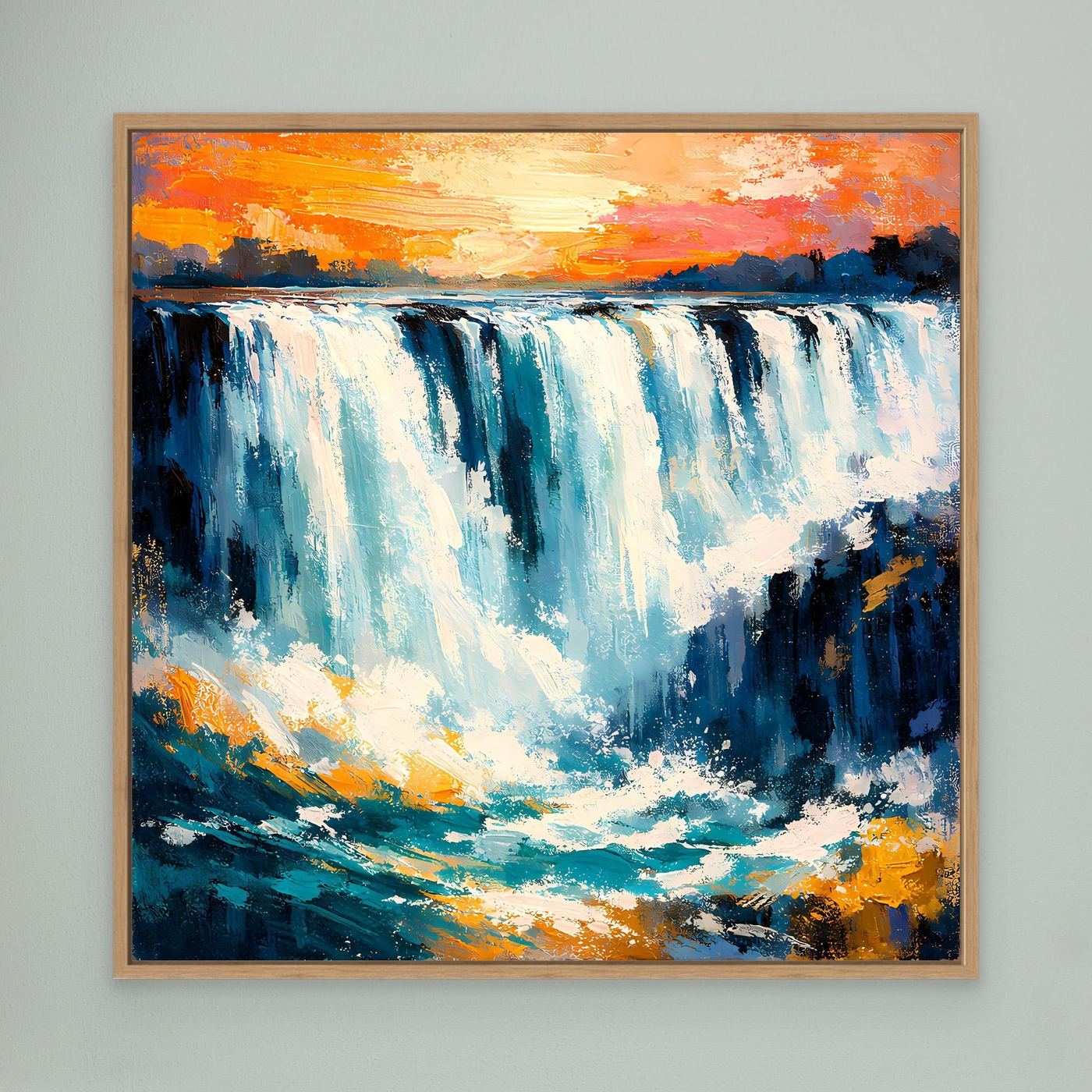 Wandbild mit abstraktem Wasserfall, goldbrauner Holzrahmen