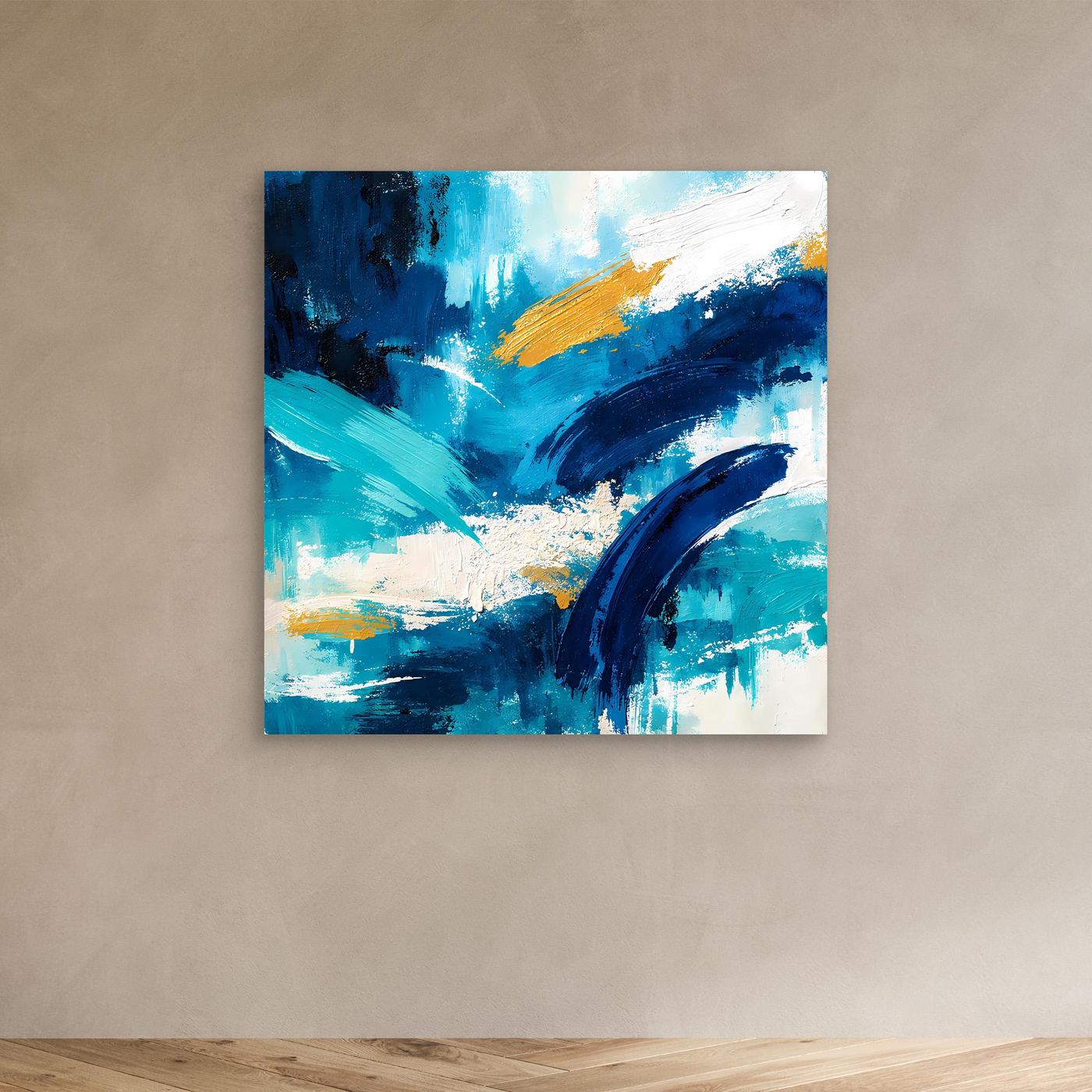 Abstract canvas wall art with blue and teal paint texture and gold diagonal highlight