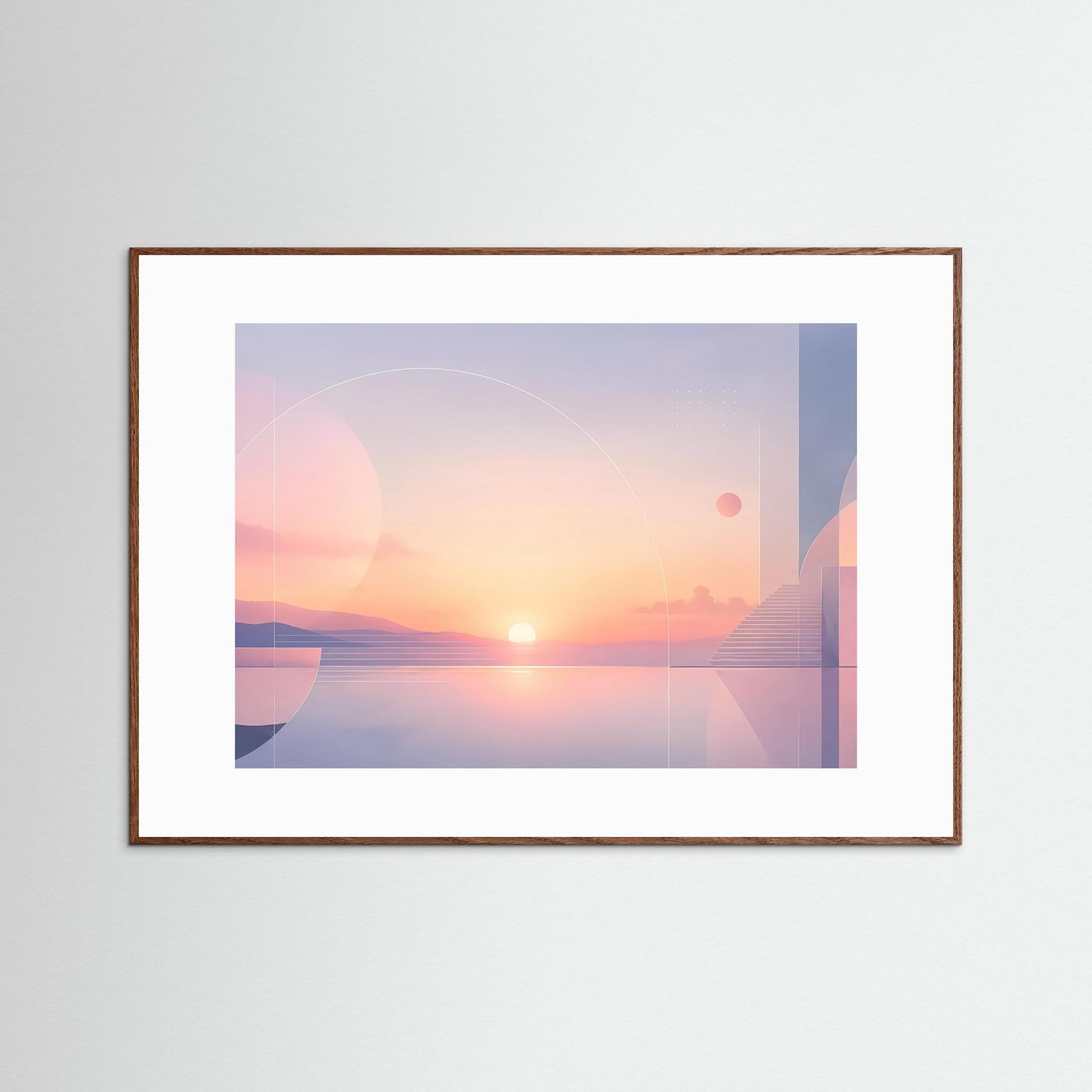 Querformat-Poster mit abstrakter Sonnenlandschaft in Rosa und Blau, brauner Rahmen