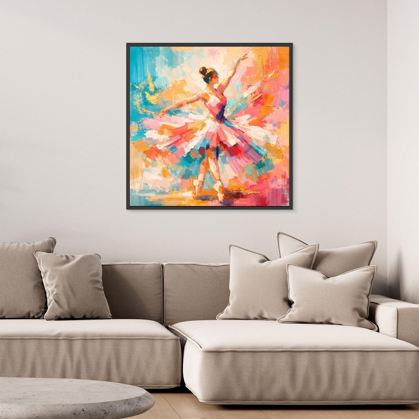 Abstraktes Leinwandbild mit Ballerina in bunten Pinselstrichen, schwarzer Rahmen
