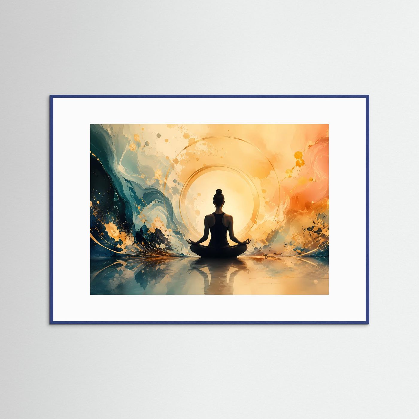 Innere Ruhe und Balance: Meditierende Figur im Lichtkreis | Modernes Yoga-Poster Querformat