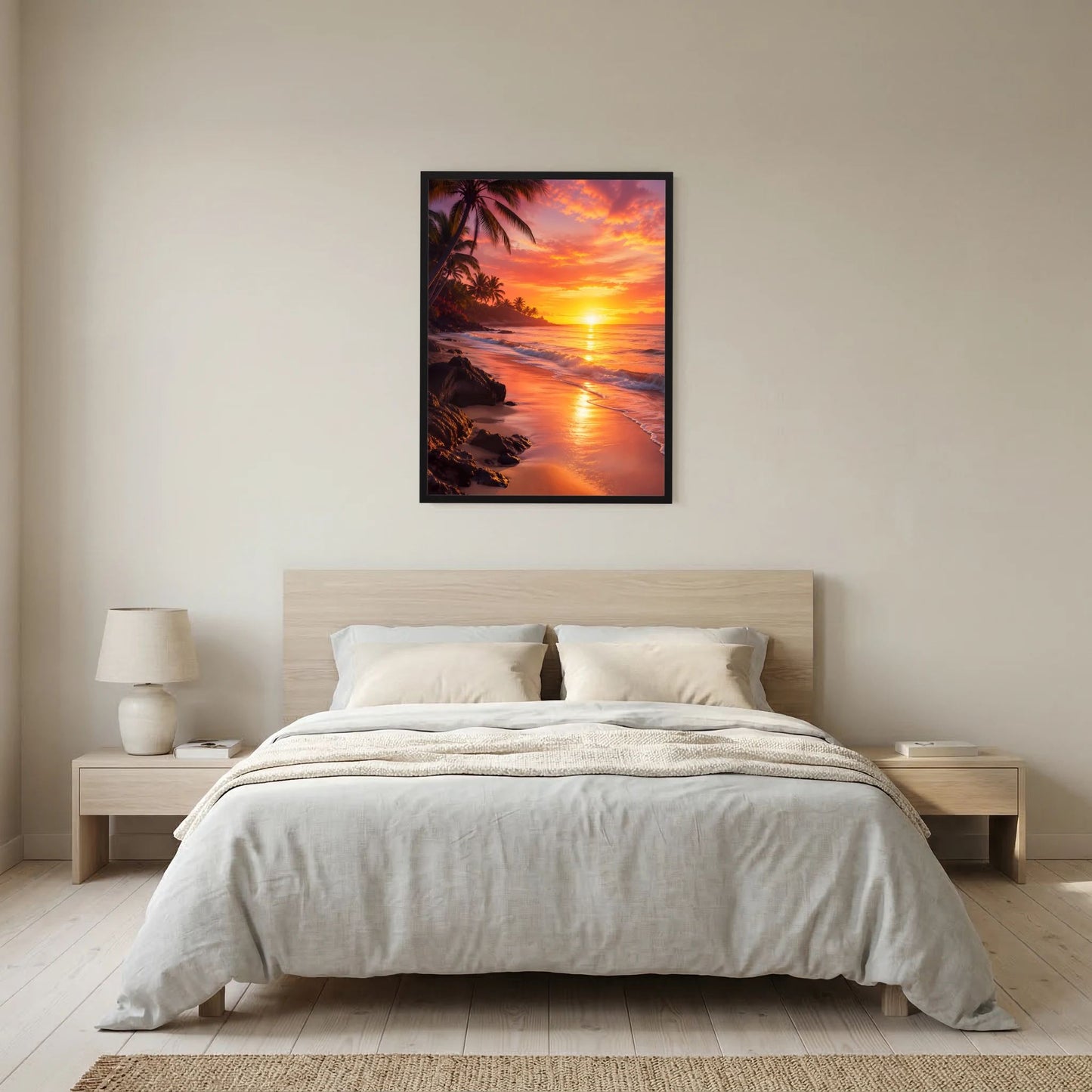 Poster Hochformat: Strand-Sonnenuntergang mit Palmen, orange-pinkes Meer, schwarzer Rahmen