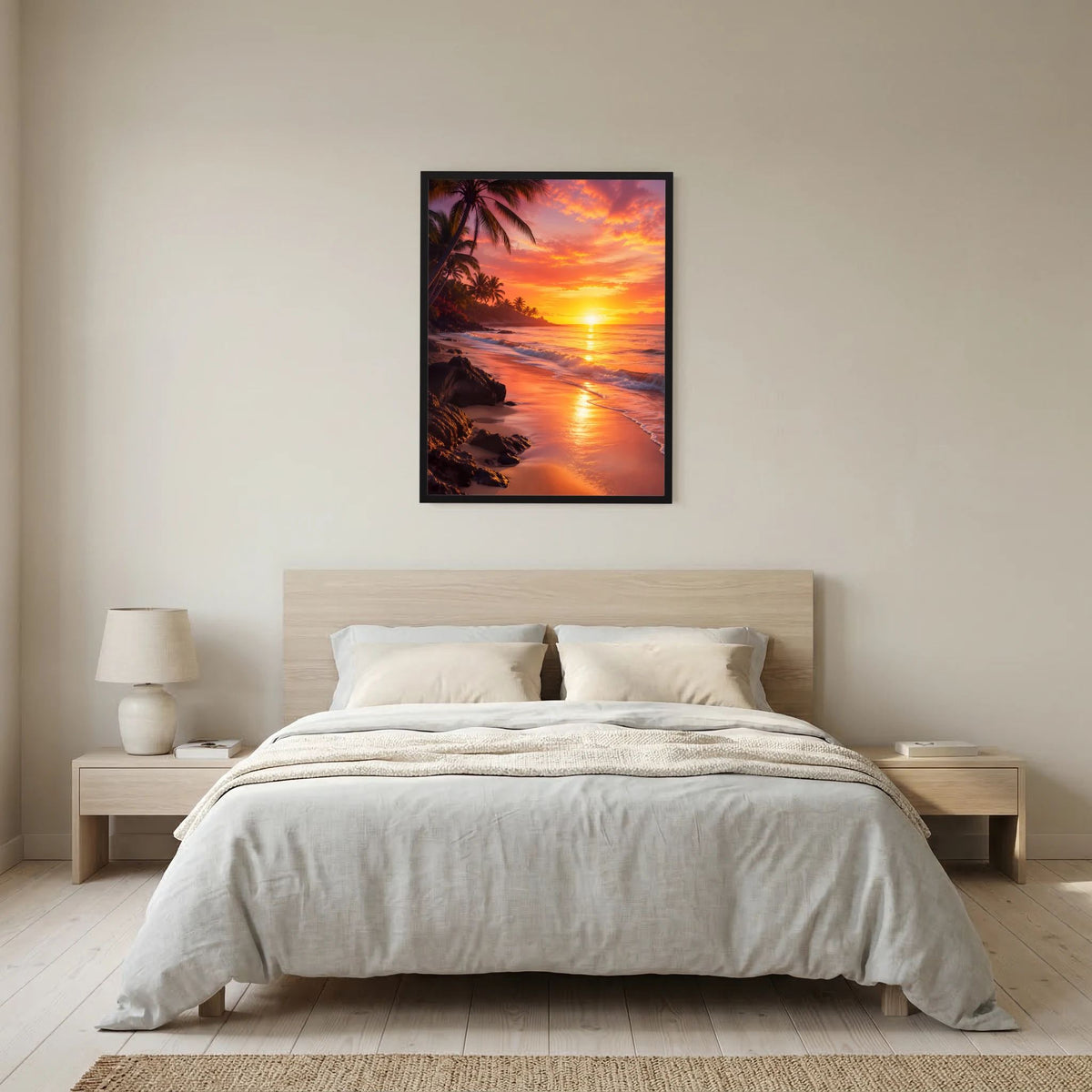 Poster Hochformat: Strand-Sonnenuntergang mit Palmen, orange-pinkes Meer, schwarzer Rahmen