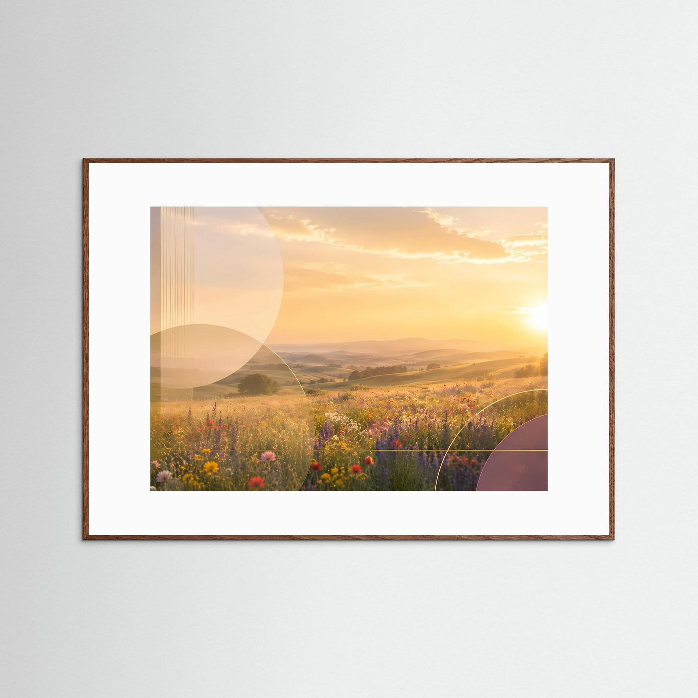 Blühende Sommerwiese im Goldenen Sonnenuntergang | Romantische Landschaft mit Wildblumen, sanften Hügeln und warmem Abendlicht | Moderne Natur Wandkunst im Querformat