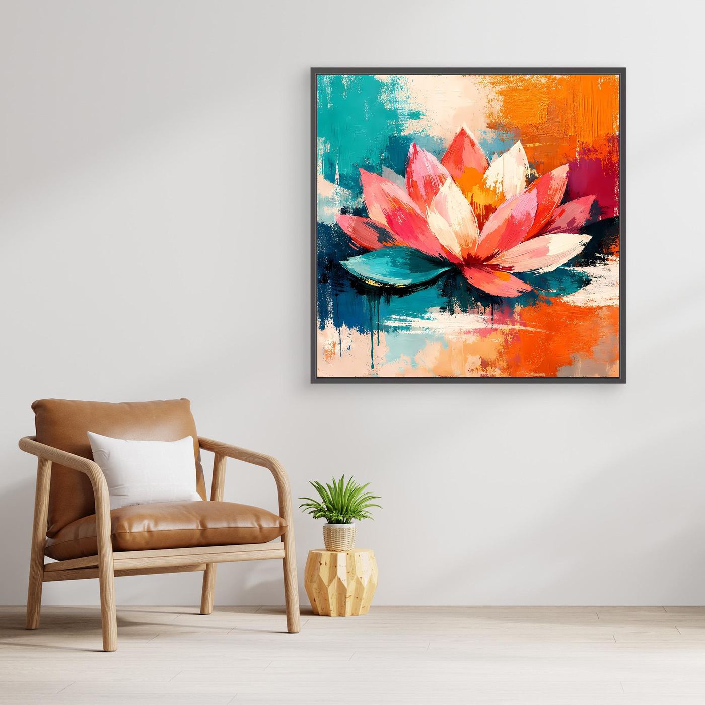 Framed abstract canvas wall art with a colorful lotus bloom and water strokes.
